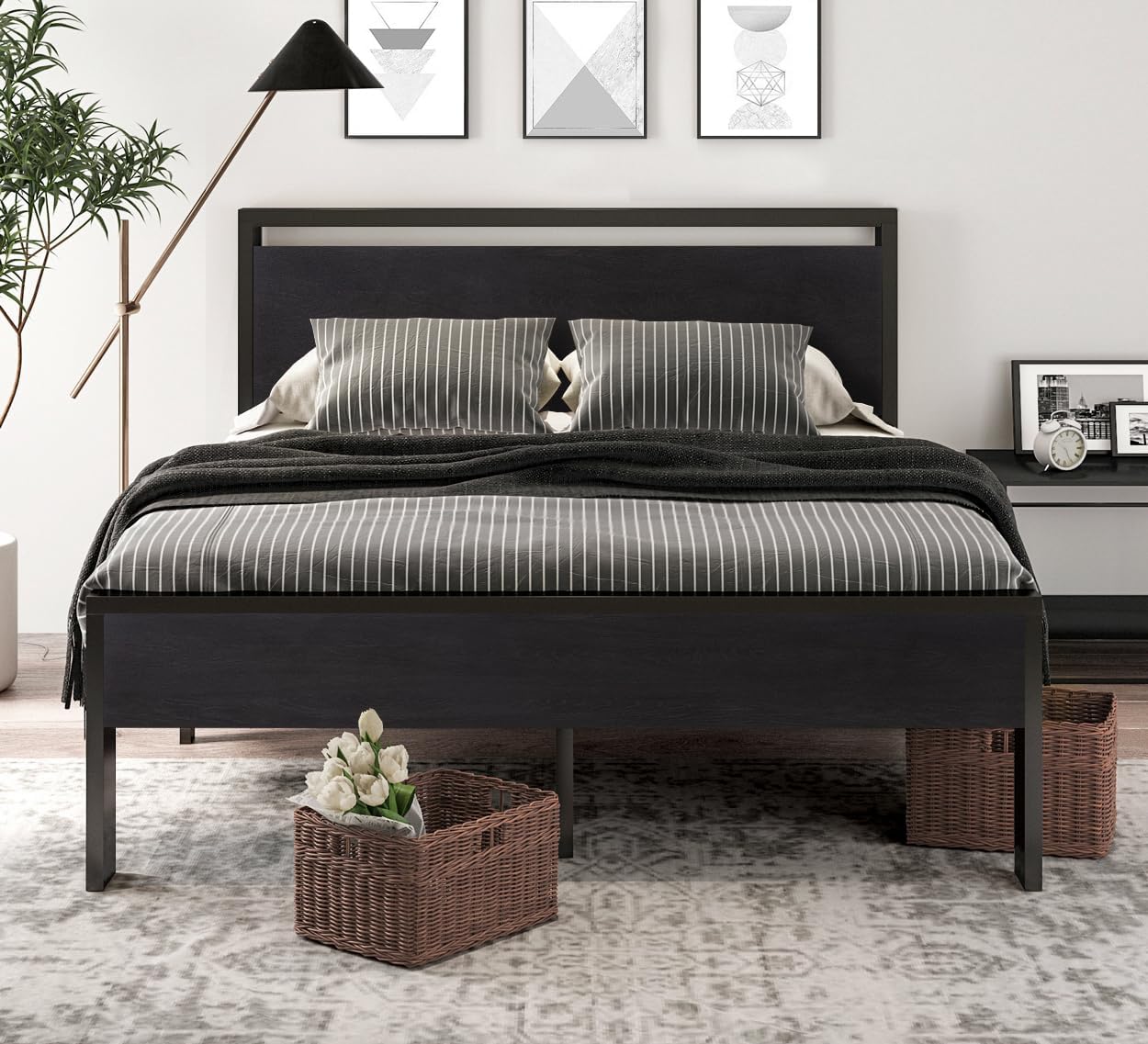 Full Size Metal Platform Bed Frame with Wooden Headboard and Footboard, Mattress Foundation, No Box Spring Needed