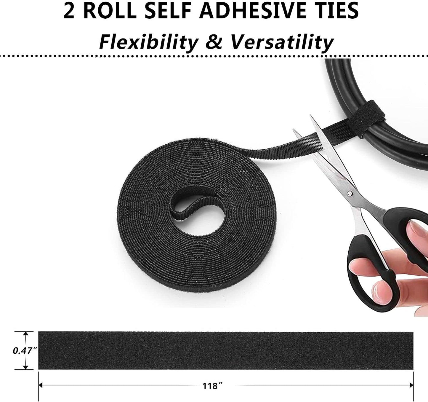 OMOMMD  Cord Management Organizer Kit 4 Cable Sleeve split with 41Self Adhesive Cable Clips Holder, 10pcs and 2 Roll Self Adhesive tie and 100 Fastening Cable Ties for TV Office Car Desk Home