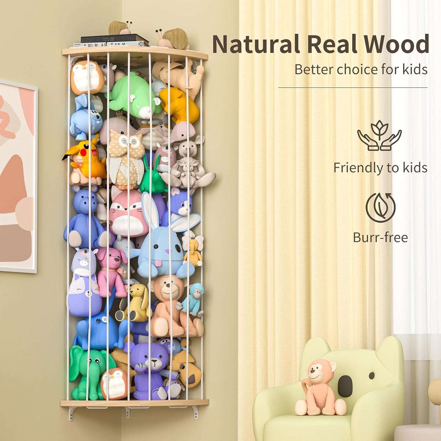Stuffed Animal Storage Wood Corner Plush Toys Holder with Star Pattern, Length Adjustable Hanging Stuffed