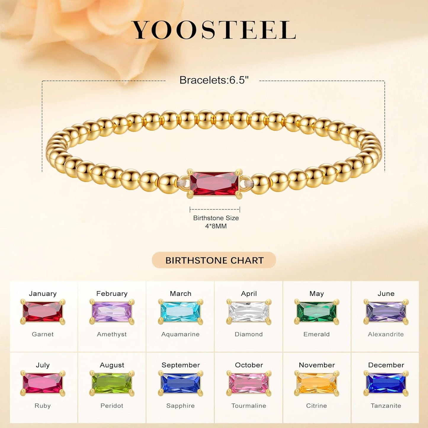Dainty Birthstone Bracelet for Women - Elastic 14K Gold Plated Bead Bracelets Trendy Friendship Birthday Jewelry Gifts for Women