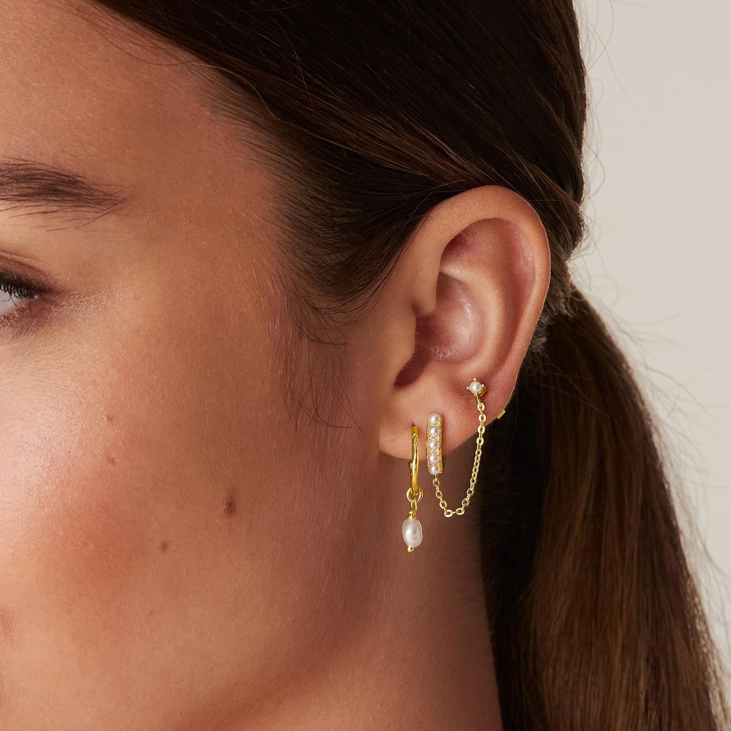 14K Gold Chain Earrings for Women | Double Piercing Dangle Chain Huggie Hoop Earrings | Cubic Zirconia Pearl Stud Ear Cuff Earrings for Women