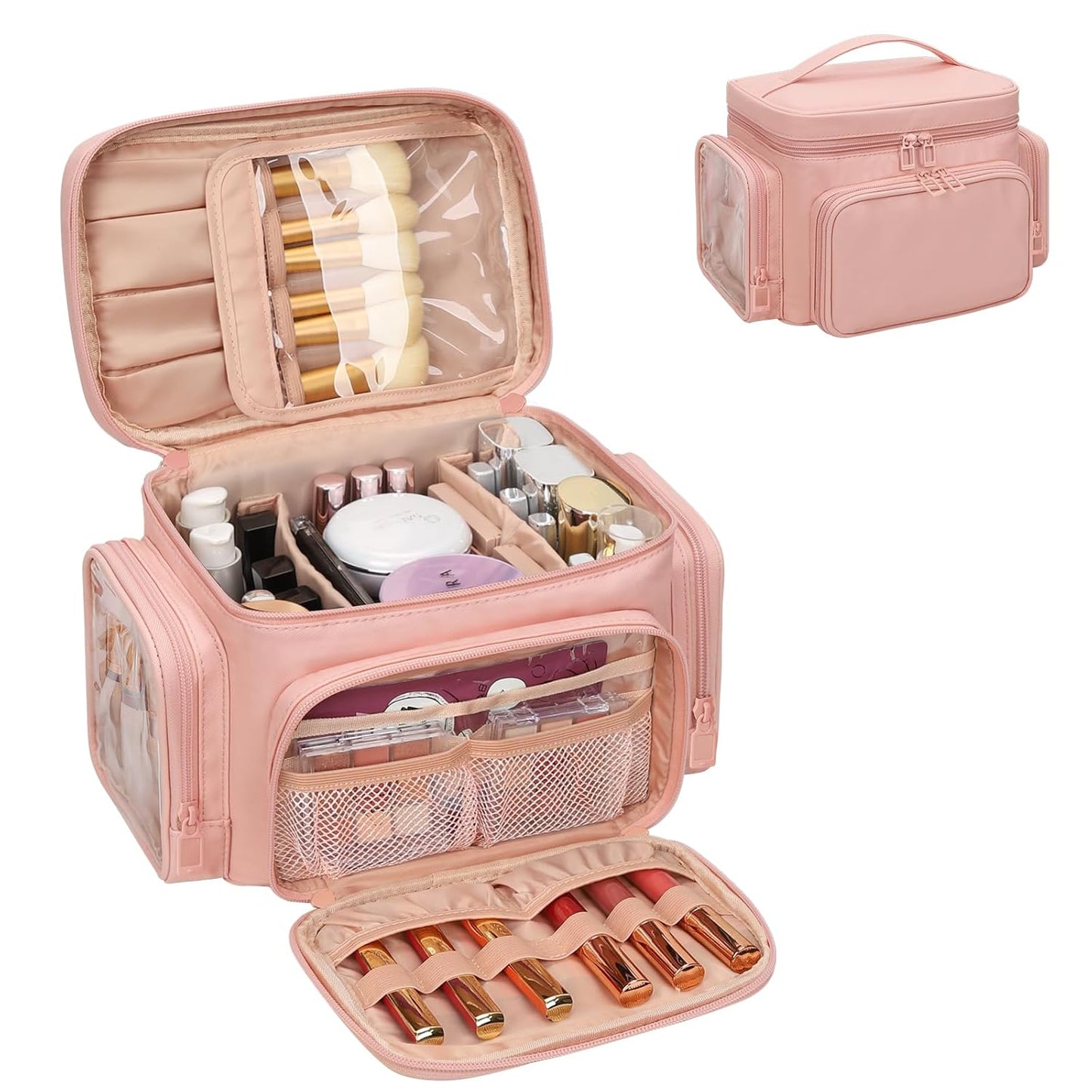 Large Makeup Bag, Organizer for Women Girls with Makeup Brush Compartment & Two Side Pockets