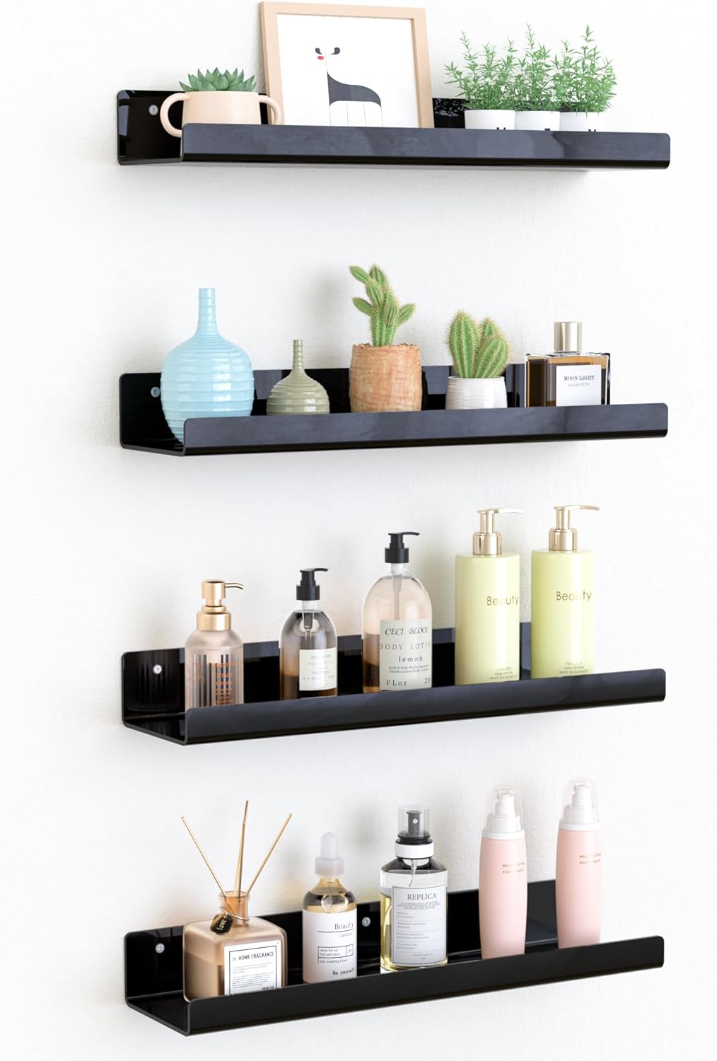 Acrylic Shelves for Bathroom Storage, 15" Floating Shelves Wall Organizer, 4 Pack
