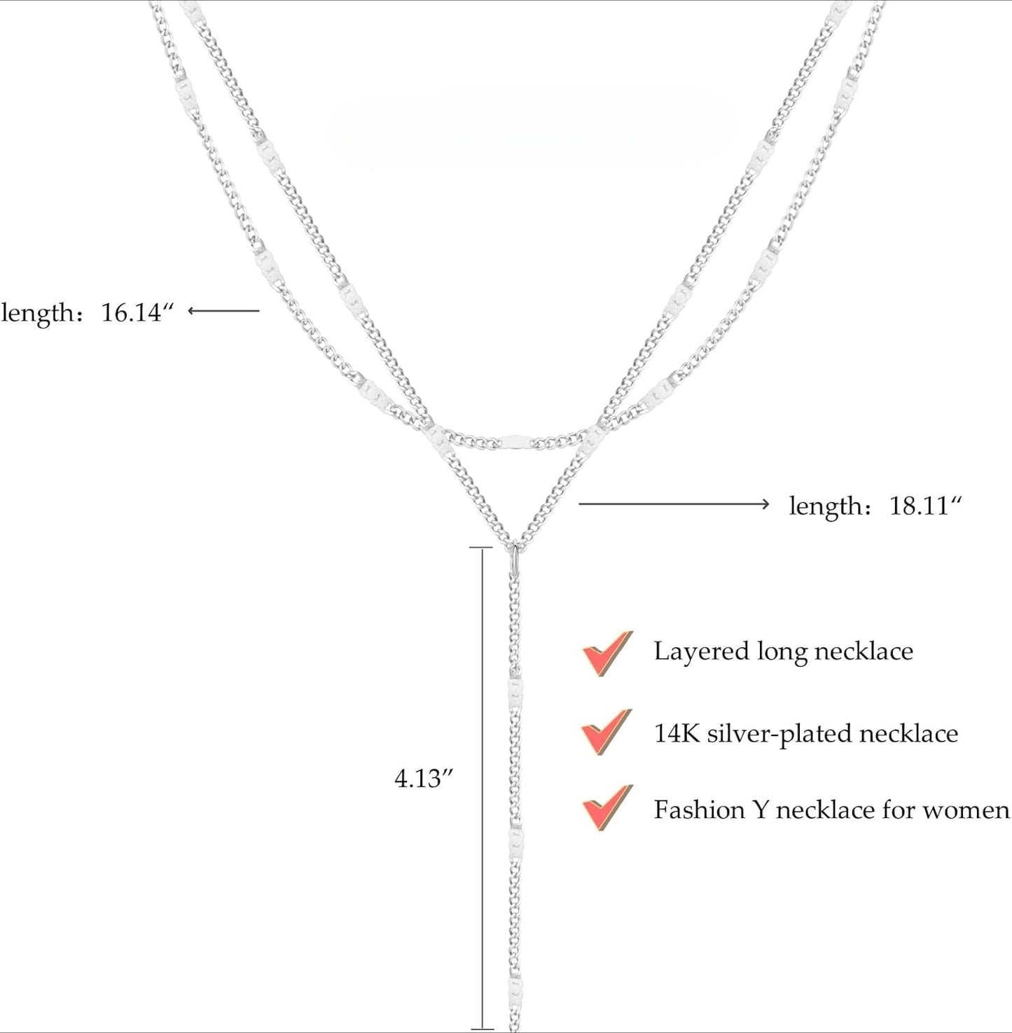 Adjustable Lip Chain Necklace | 14K Gold/Silver Y-Shaped Layered Pendant w/ Cubic Zirconia Beads - Dainty Gift for Her
