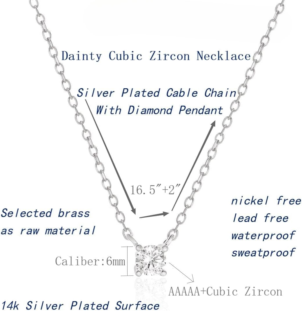 14K Gold Plated CZ Diamond Necklace, Dainty Solitaire Pendant, Round/Square Simulated Diamond Choker, Bridal Jewelry Gift for Women