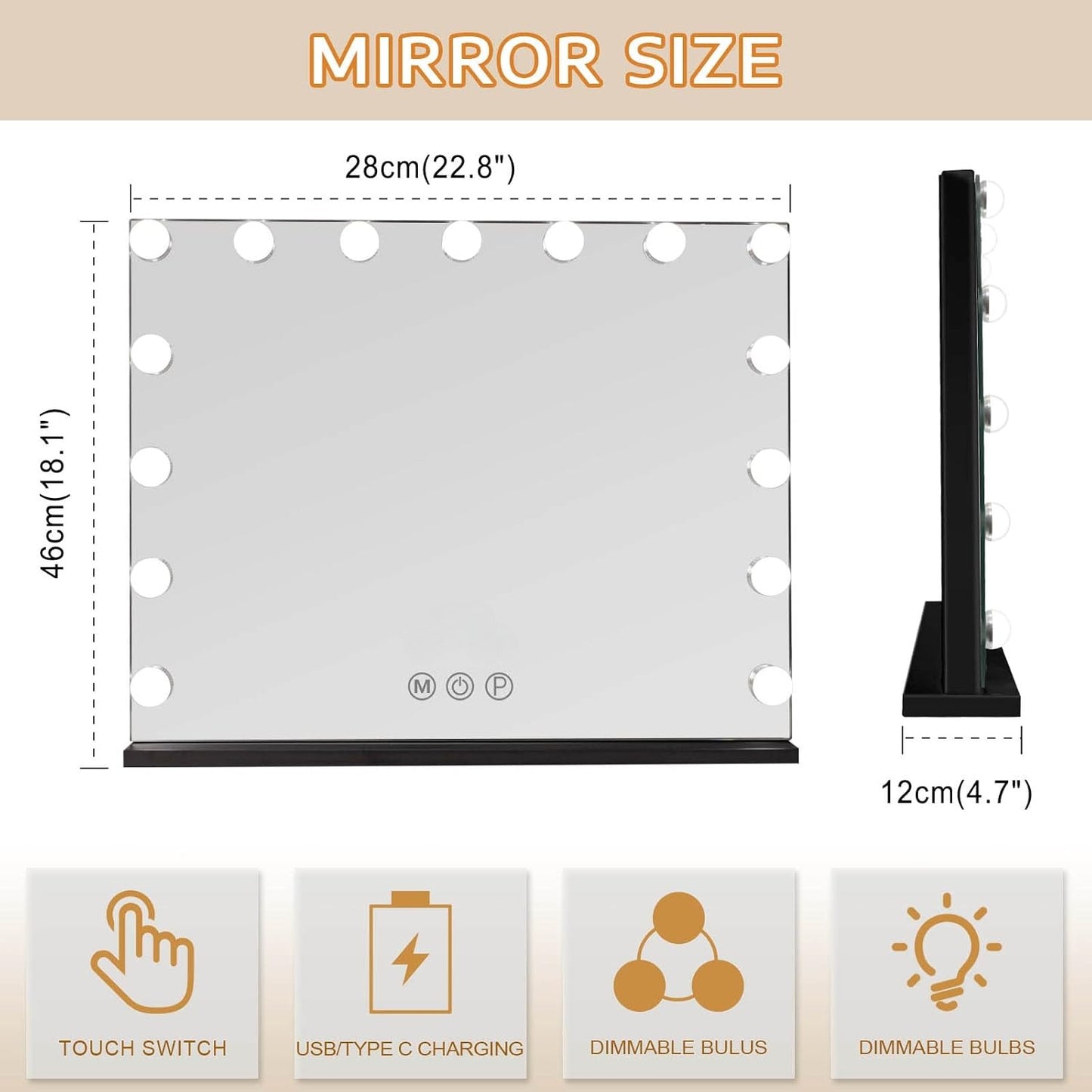 Vanity Mirror with Lights, Mirror with 15 Dimmable LED Bulbs for Dressing Room & Bedroom