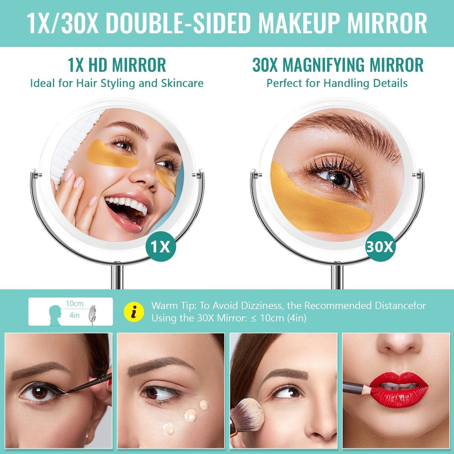 1X/ 30X Magnifying Mirror, Makeup Mirror with Tweezer, 6.8'' Double Sided Round Vanity Tabletop Mirror, 360° Rotation Portable