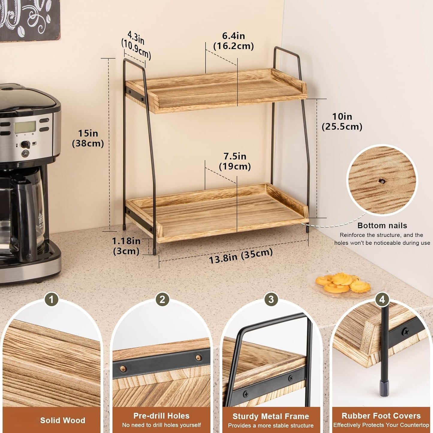 Countertop Coffee Station Organizer, 2 Tier Wooden Shelf for Coffee Bar Accessories, Condiment Storage Caddy