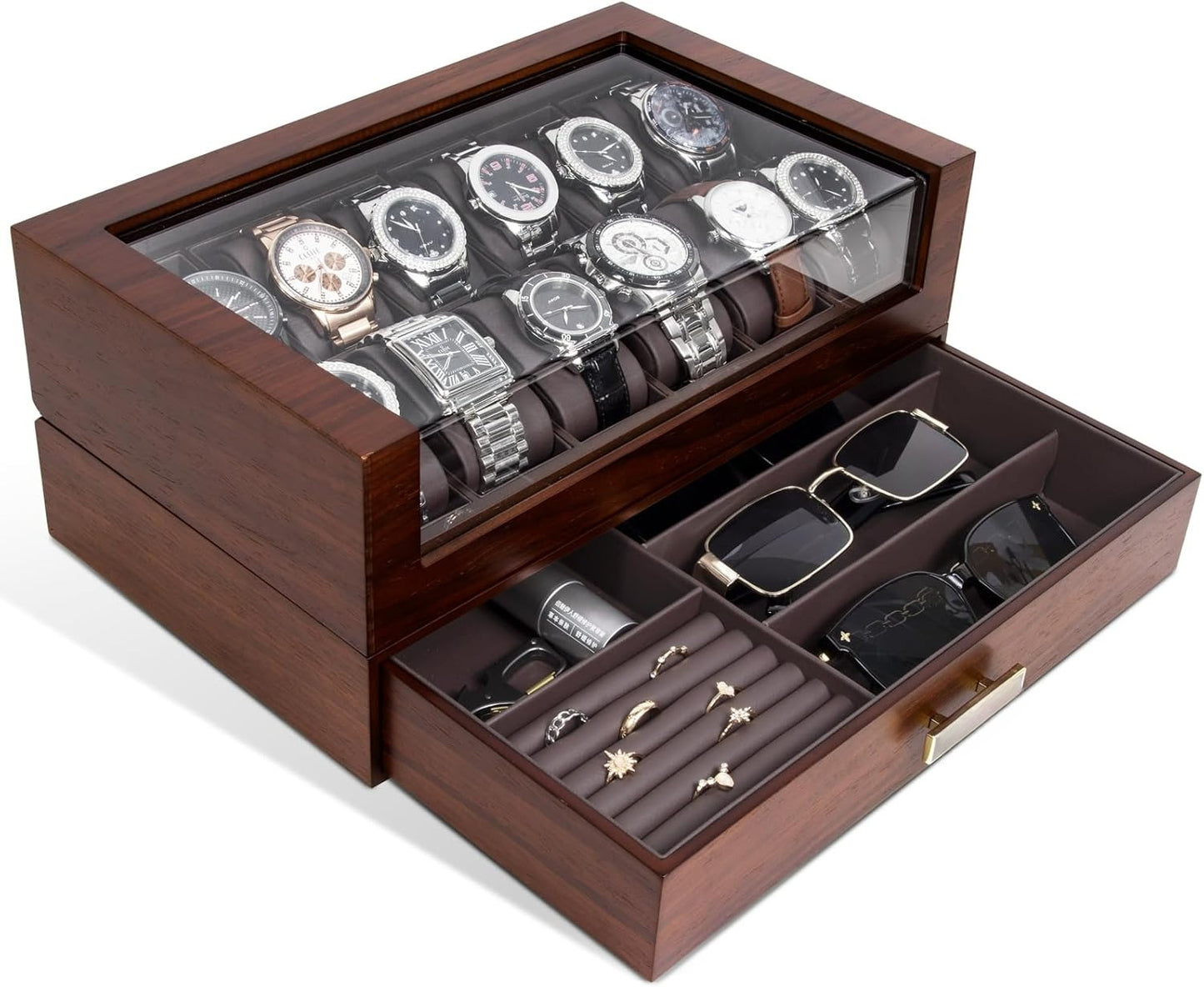 High End Watch Box for Men, 12 Slot Wooden Watch Case With Drawer, Watch Display Box with Glass Lid