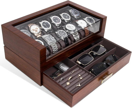 High End Watch Box for Men, 12 Slot Wooden Watch Case With Drawer, Watch Display Box with Glass Lid
