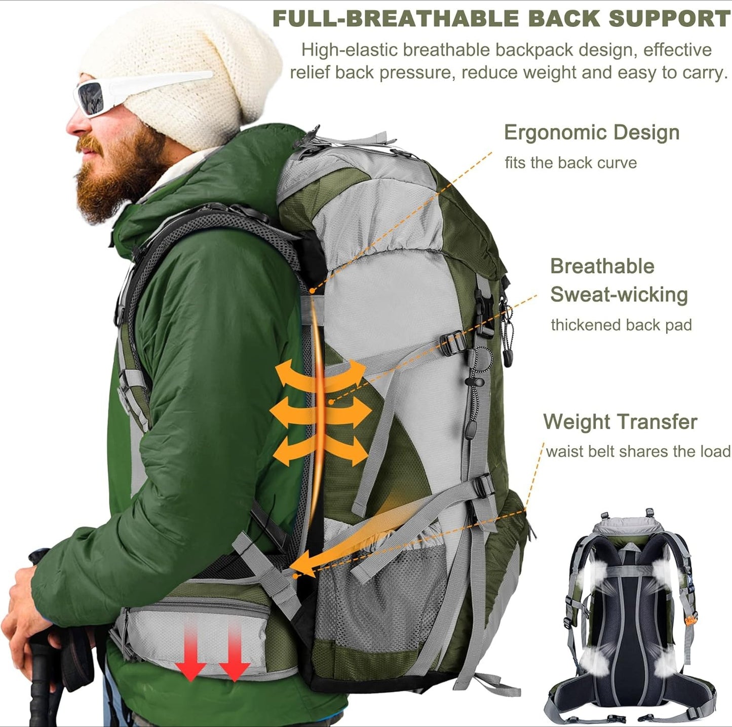 50L Hiking Backpack, Waterproof Camping Essentials Bag with Rain Cover, 45+5 Liter Lightweight Backpacking