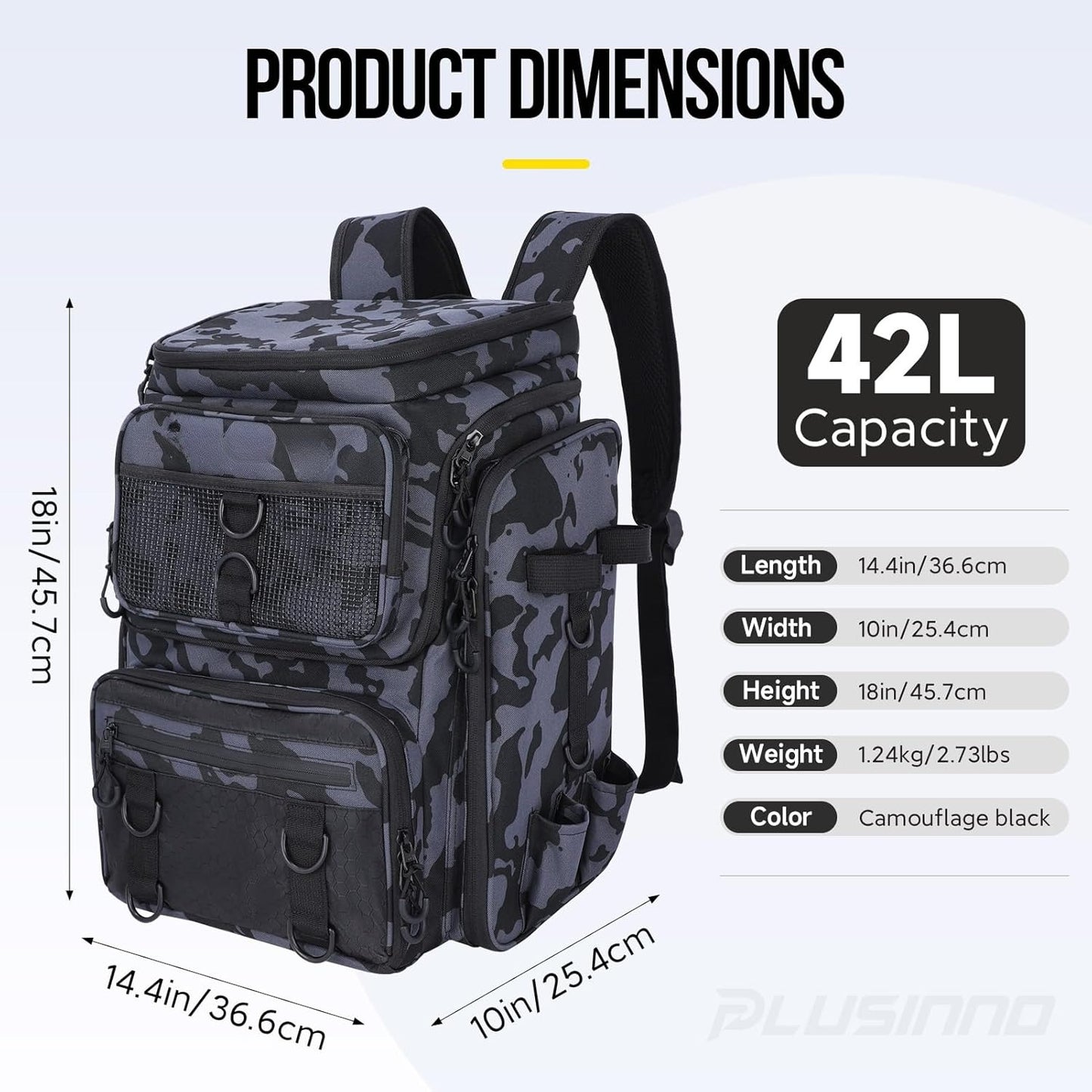 Fishing Backpack with Rod Holders Tackle Box, 42L Large Water-resistant Fishing Tackle Bag Store Fishing Gear