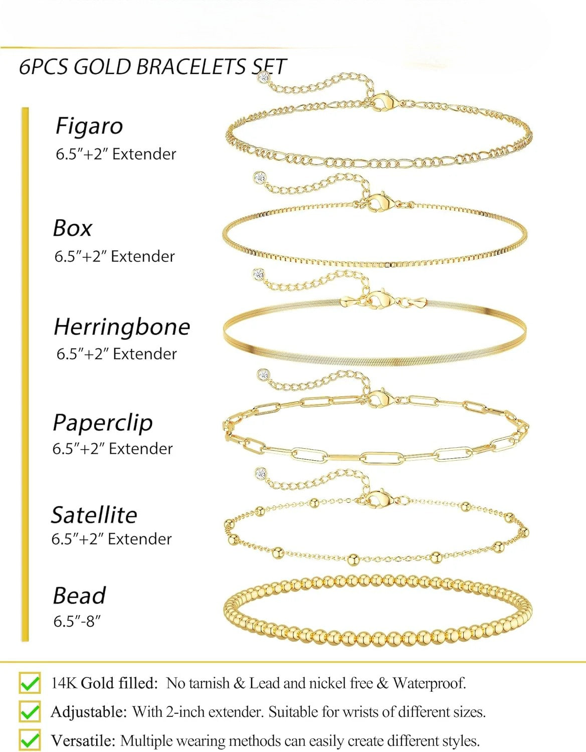 Gold Bracelets for Women Waterproof, 14K Real Gold Jewelry Sets Trendy Thin Dainty Stackable Cuban Link