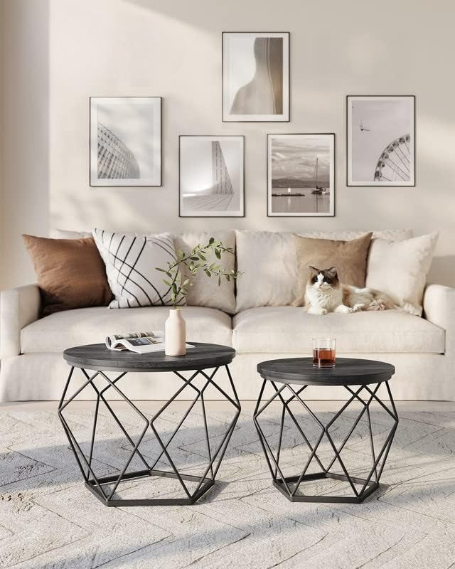Small Coffee Table Set of 2, Round Coffee Table with Steel Frame, Side End Table for Living Room