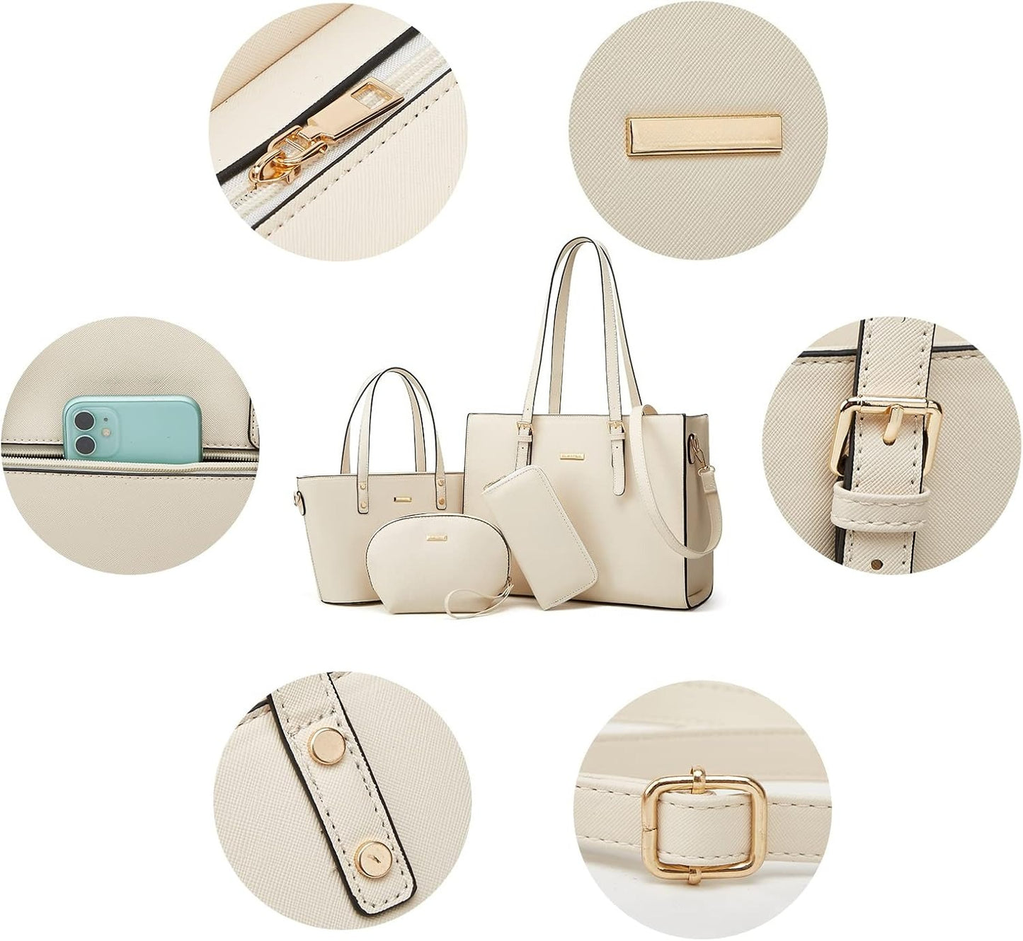 4Pcs Women Fashion Synthetic Leather Handbags Tote Bag Shoulder Bag Top Handle Satchel Purse Set