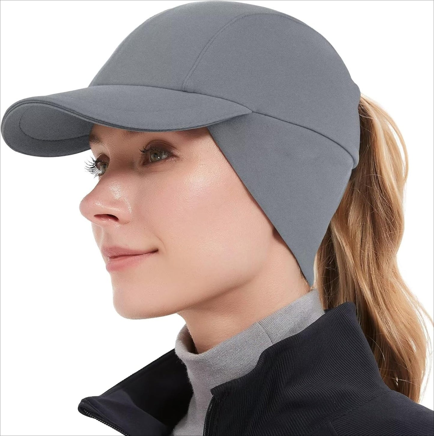 Women's Winter Reflective Fleece Ponytail Hat with Drop Down Ear Warmer