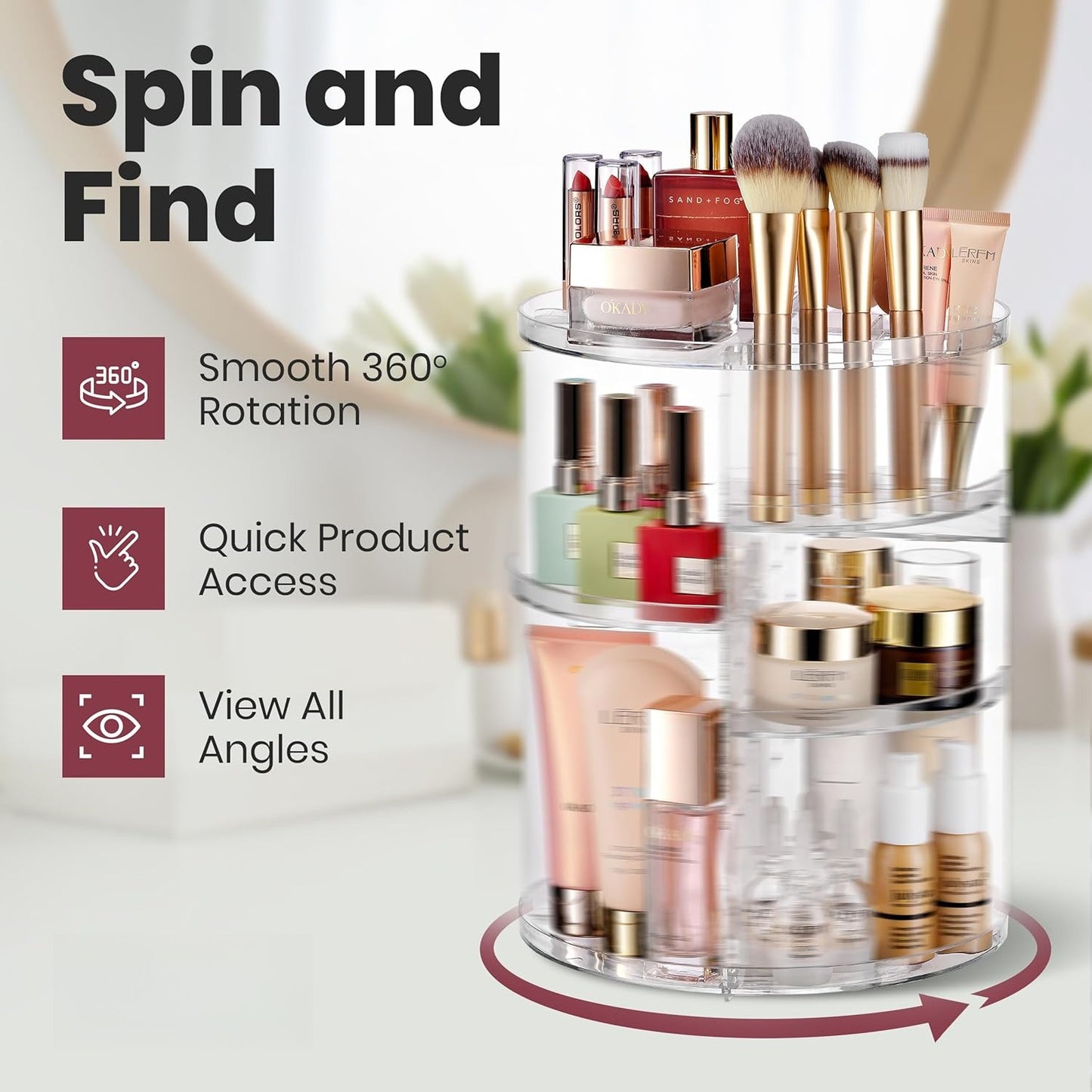 360 Rotating Makeup Organizer Countertop - Adjustable Shelf Height Countertop Storage