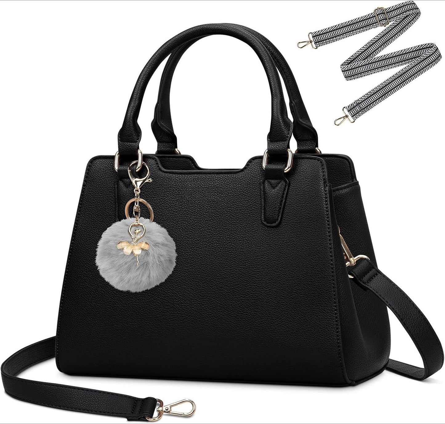 Women's Top Handle Tote Bag PU Faux Leather Shoulder Bag Women's Wallet Handbag with Cute Pom Pom