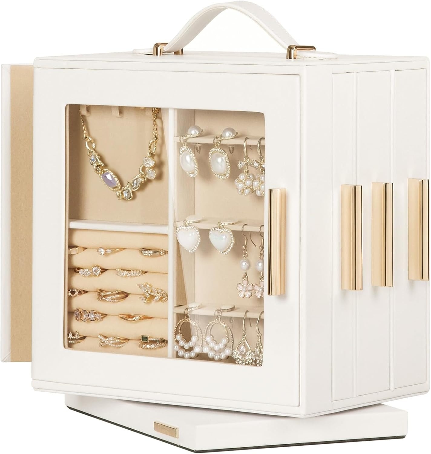 Jewelry Box 360° Rotating, Necklace Earring Organizer with Transparent Window, Mirror, 7 Drawers