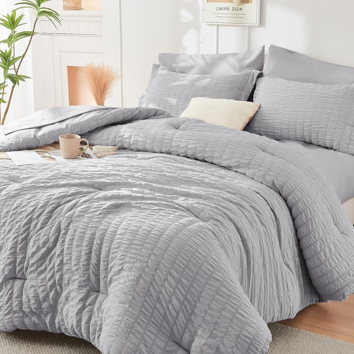 Queen Comforter Set Seersucker 7 count, All Season Luxury Bed in a Bag for Bedroom