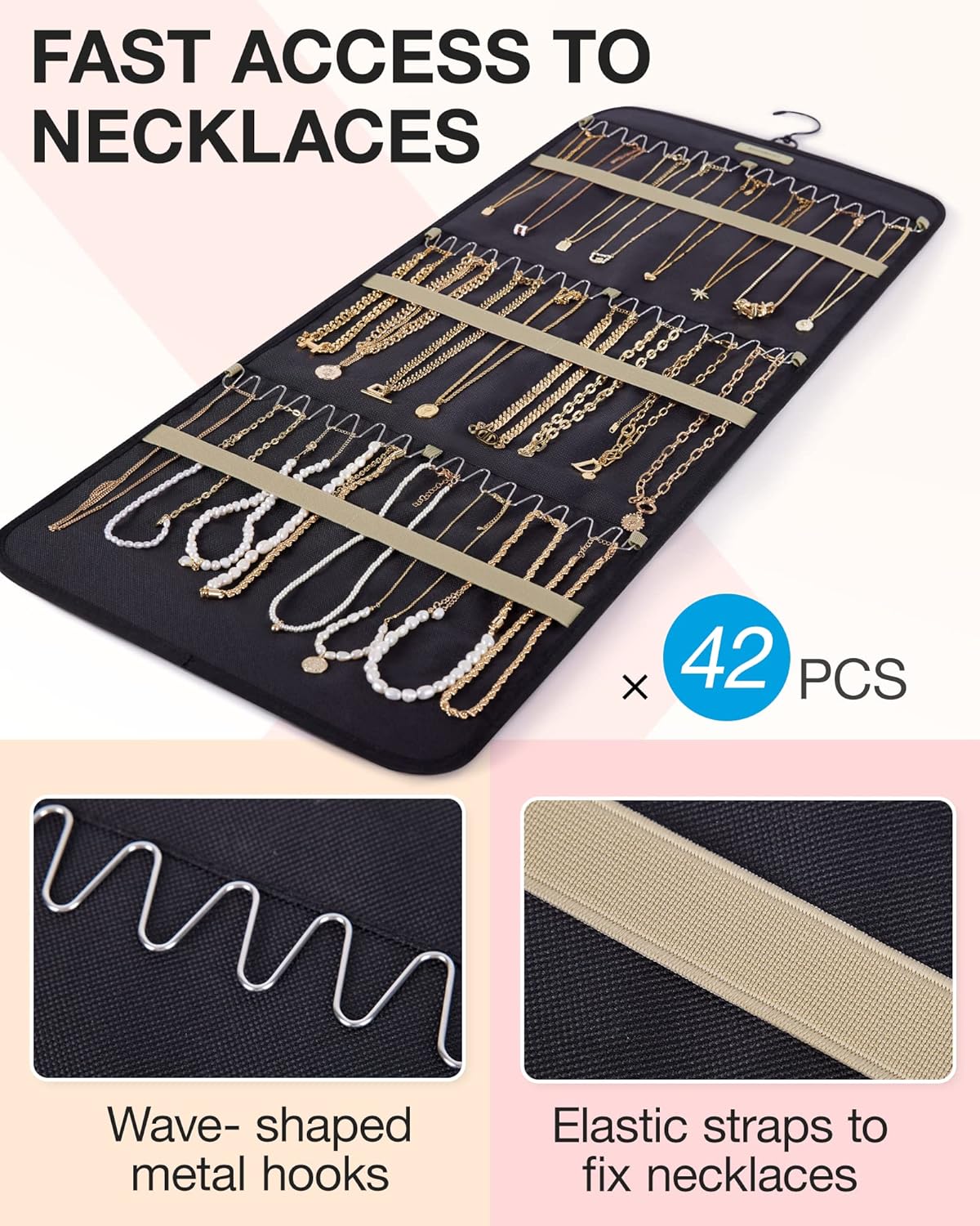 Jewelry Organizer Storage Roll with Hanger Metal Hooks Double, Necklaces, Rings on Closet, Wall, Door