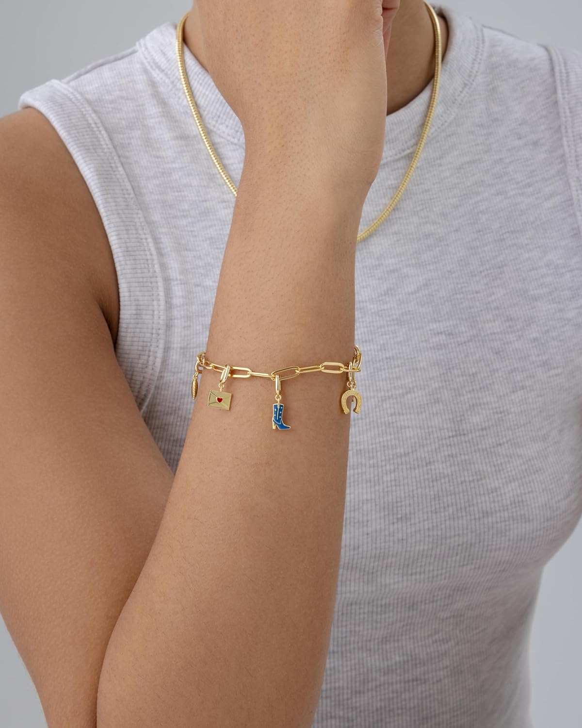 14K Gold Plated Adjustable Bracelet for Women | Twisted Bar & Paperclip Charm Chain Bracelets with Moon, Evil Eye