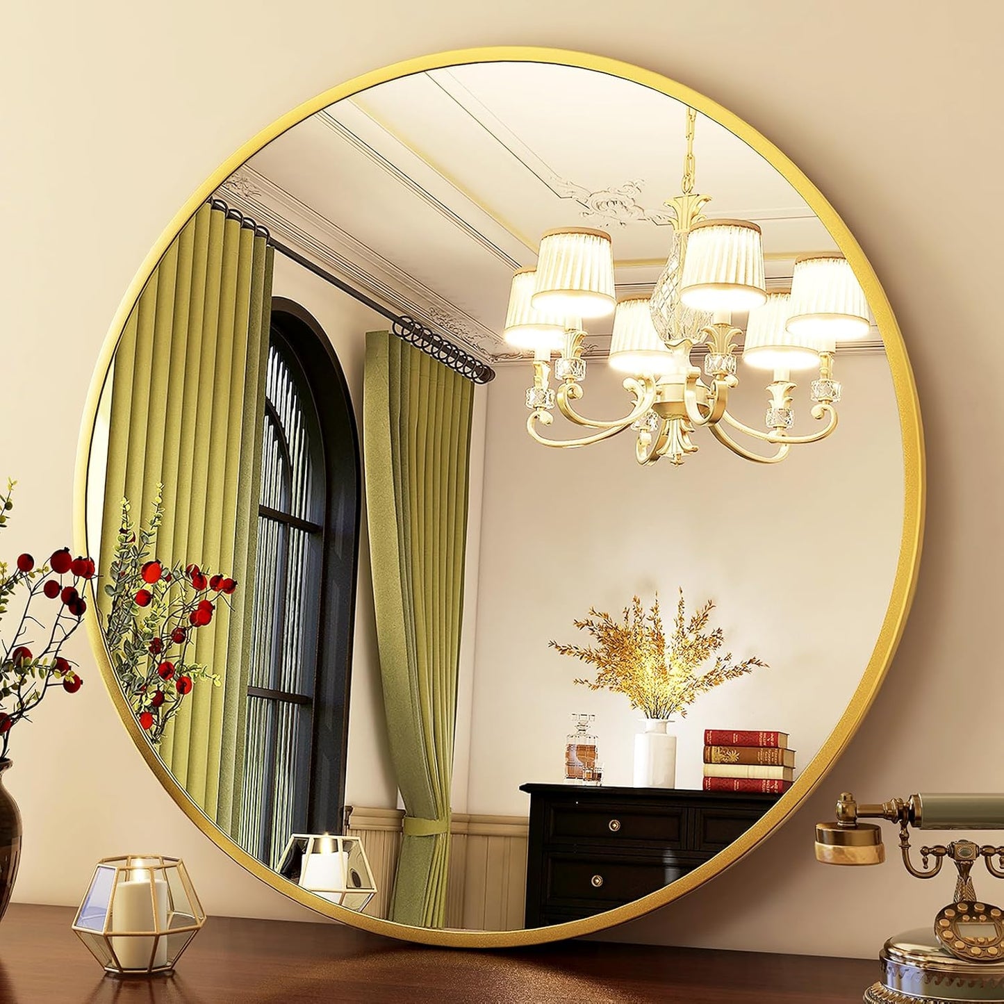 Round Mirror 30 Gold Wall Mirrors Vanity Mirror with Brushed Aluminum Alloy Frame Modern