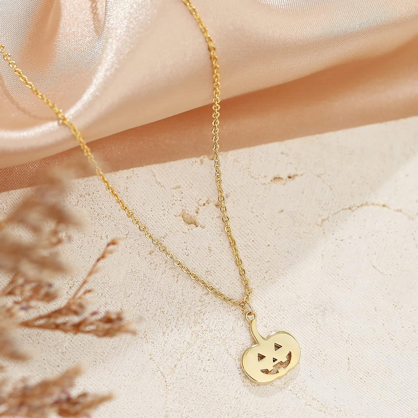 Minimalist 18K Gold Pumpkin Ghost Necklace - Dainty Hammered Coin Pendant, Delicate Halloween Gift