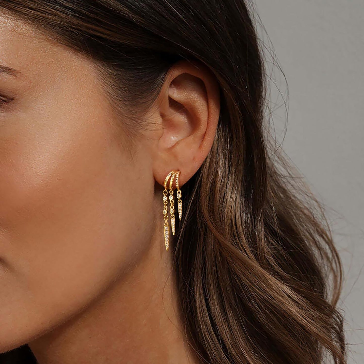 Dangle Earrings for Women,14k Gold Plated Triple Huggie Stud Earrings Cute Statement Chain Earring Dainty Drop