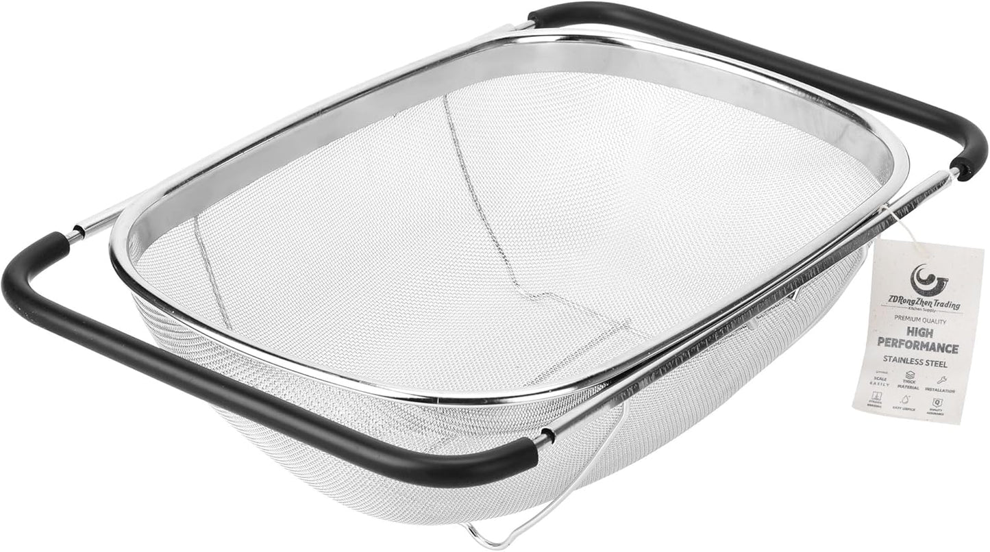 Kitchen Accessories Over the Sink Colander Strainer Basket，Stainless Steel Colander with Expandable Rubber Grip Sink Drainer