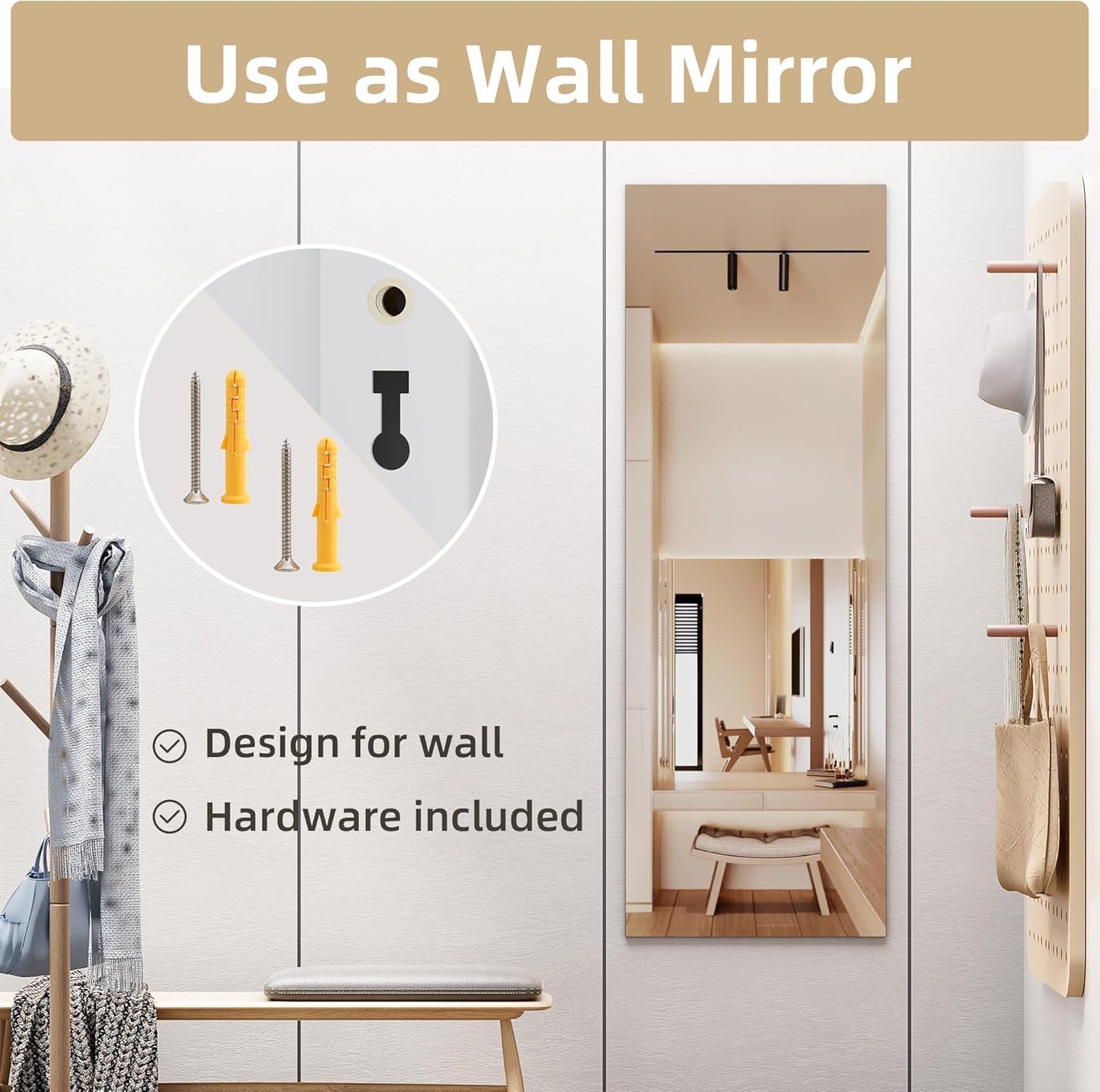 Door Mirror Full Length, 51 x 16 Inch Full Body Wall Mirror Over The Door Hanging Mirror