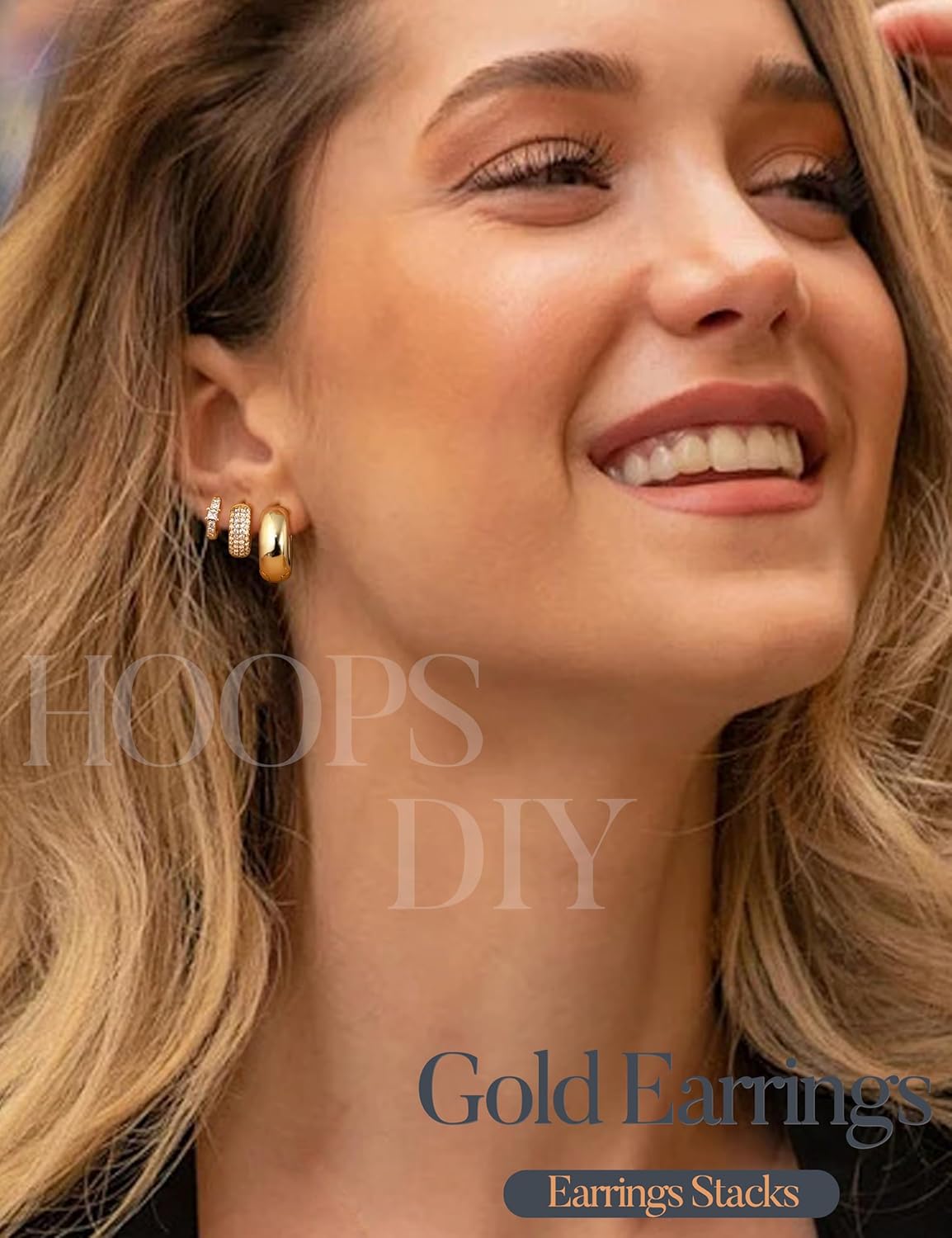 Chunky Gold Hoop Earrings for Women Non Tarnish 14K Gold Filled Huggie Hoop Earring Stacks for Multiple Piercing Lightweight 3Pairs