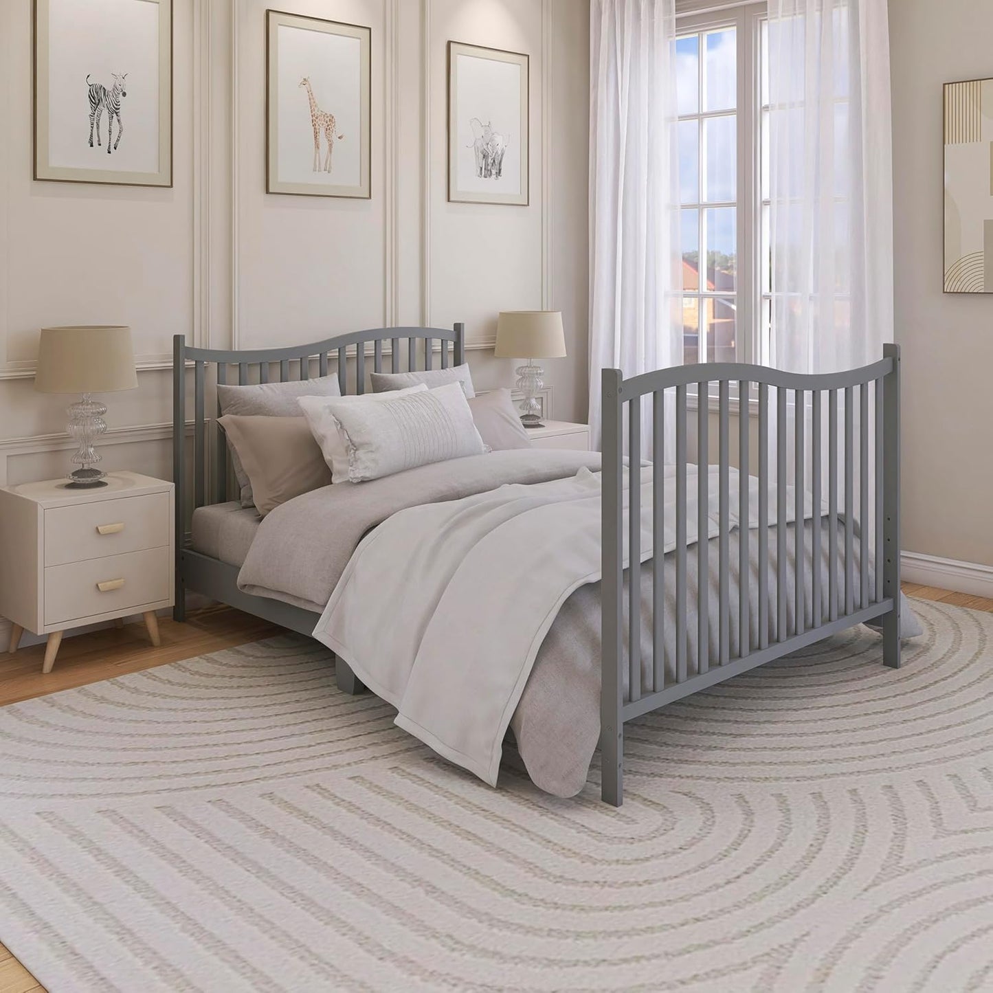 5-in-1 Convertible Full-Size Baby Crib in, Pinewood, 4 Mattress Heights, Converts to Toddler, Day & Full-Size Bed