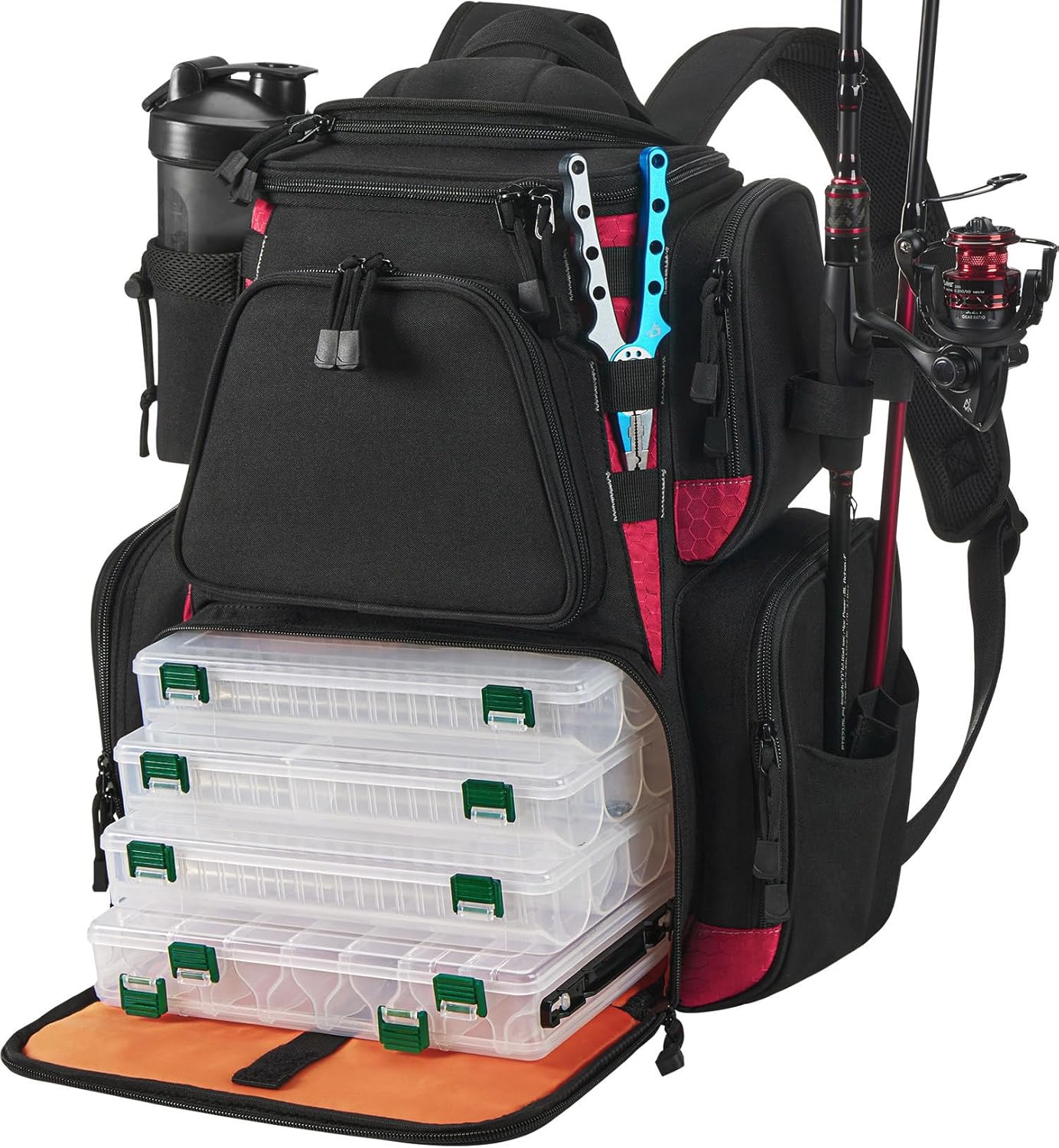 with 2 Rod Holders & 4 Tackle Boxes, Large Tackle Storage Bag With Rain Cover for Fishing Gear