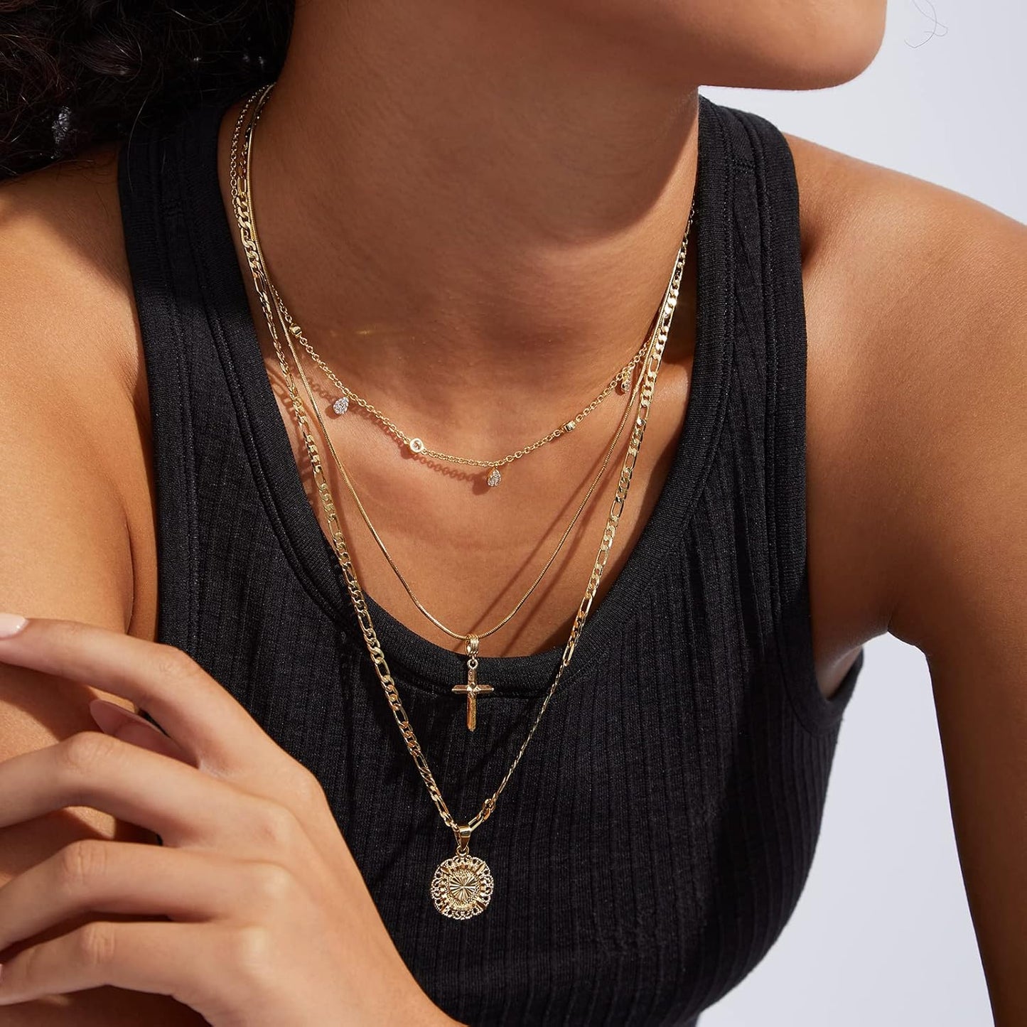 "14K Gold Plated Initial Necklace for Women, Round Letter Pendant A-Z Monogram with Figaro Chain, Alphabet Jewelry"
