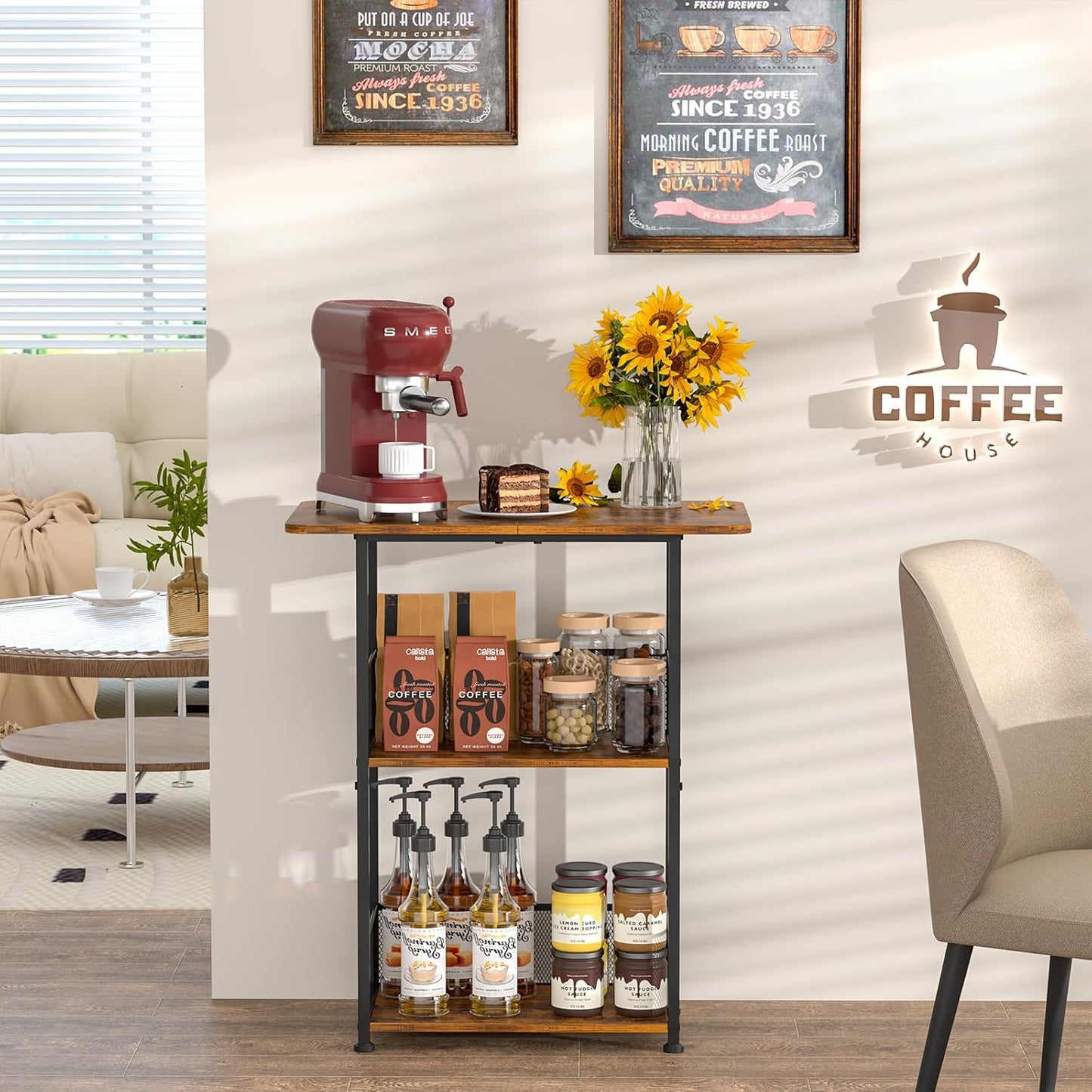 Mini Floor Standing Coffee Bar Shelf,3-Tier Small Coffee Table,Corner Farmhouse Coffee Bar Cabinet;Dining Room