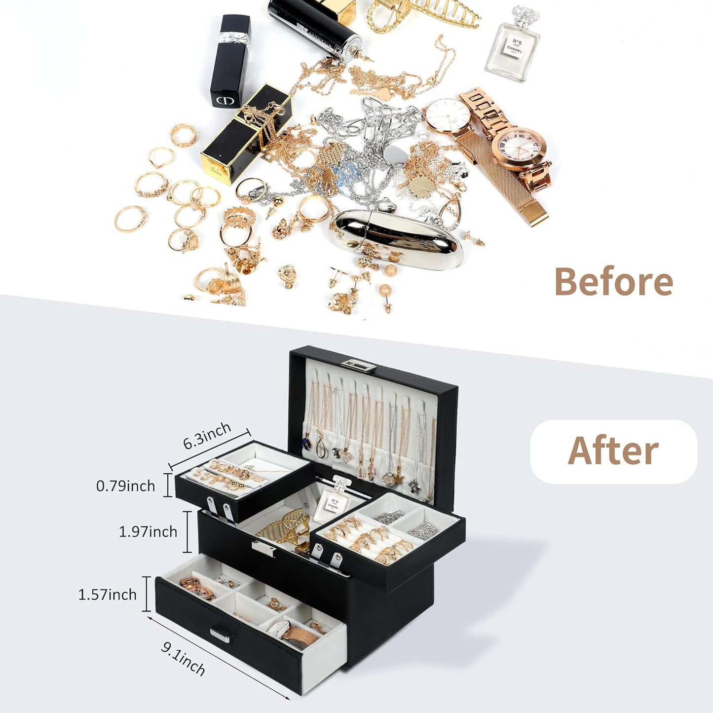 Jewelry Boxes for Women Girls, 3 Layers Jewelry Storage Organizer for Earring, Ring, Necklace, Bracelets