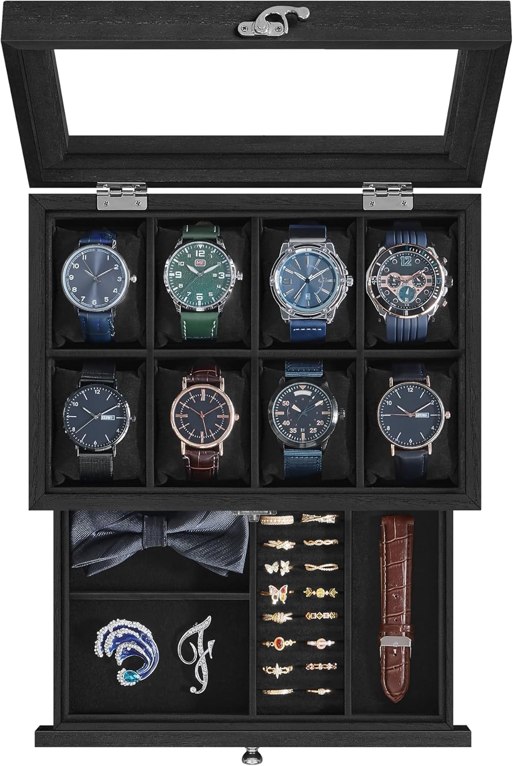 8-Slot Watch Box, 2-Tier Watch Display Case with Large Glass Lid, Removable Watch Pillows