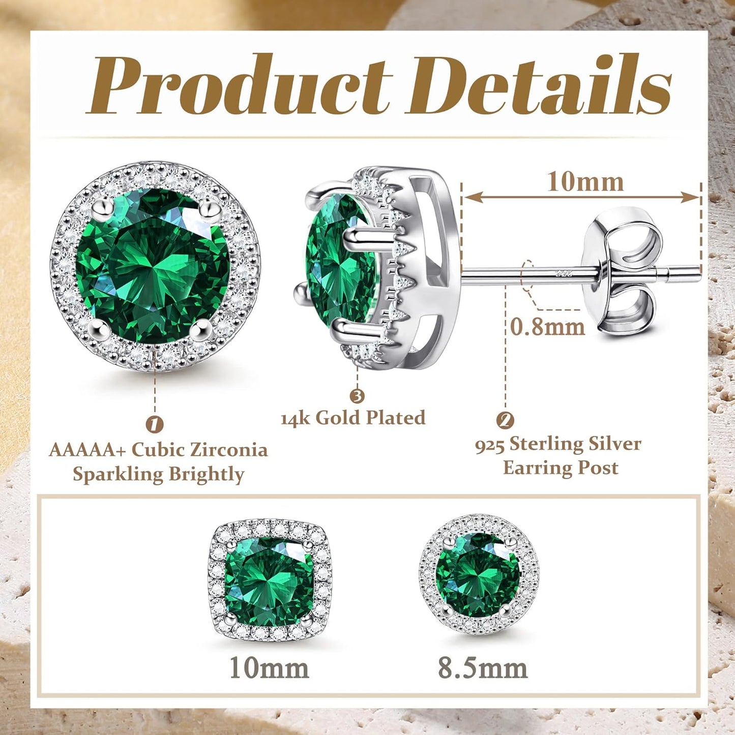 Hayoso 18K Gold Plated Halo Stud Earrings 925 Sterling Silver Cubic Zirconia Stud Earrings Round Square Diamonique Stud