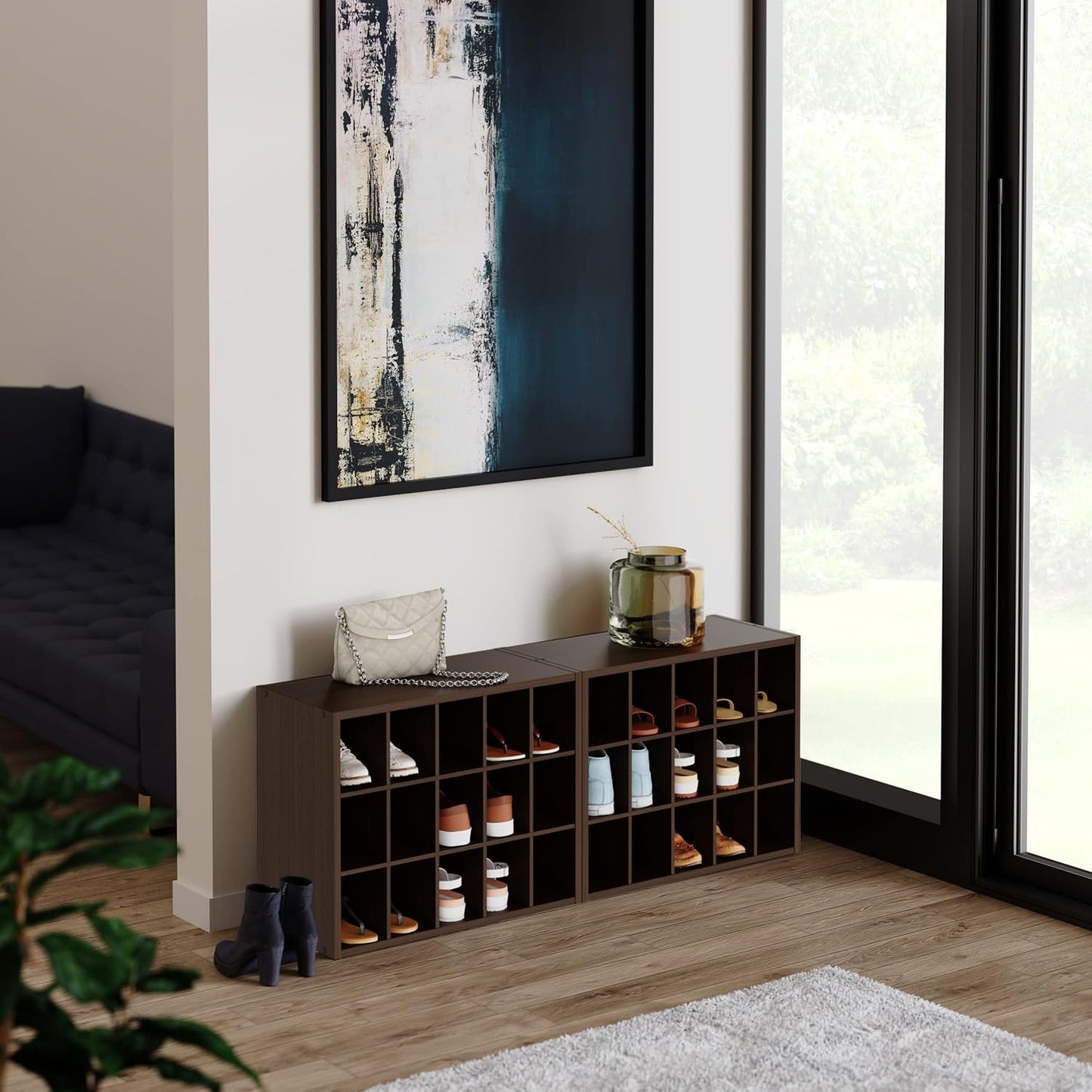 15 Cube Stackable Storage Organizer for Shoes, Bags, Crafts, Hobbies with Wood Shelves