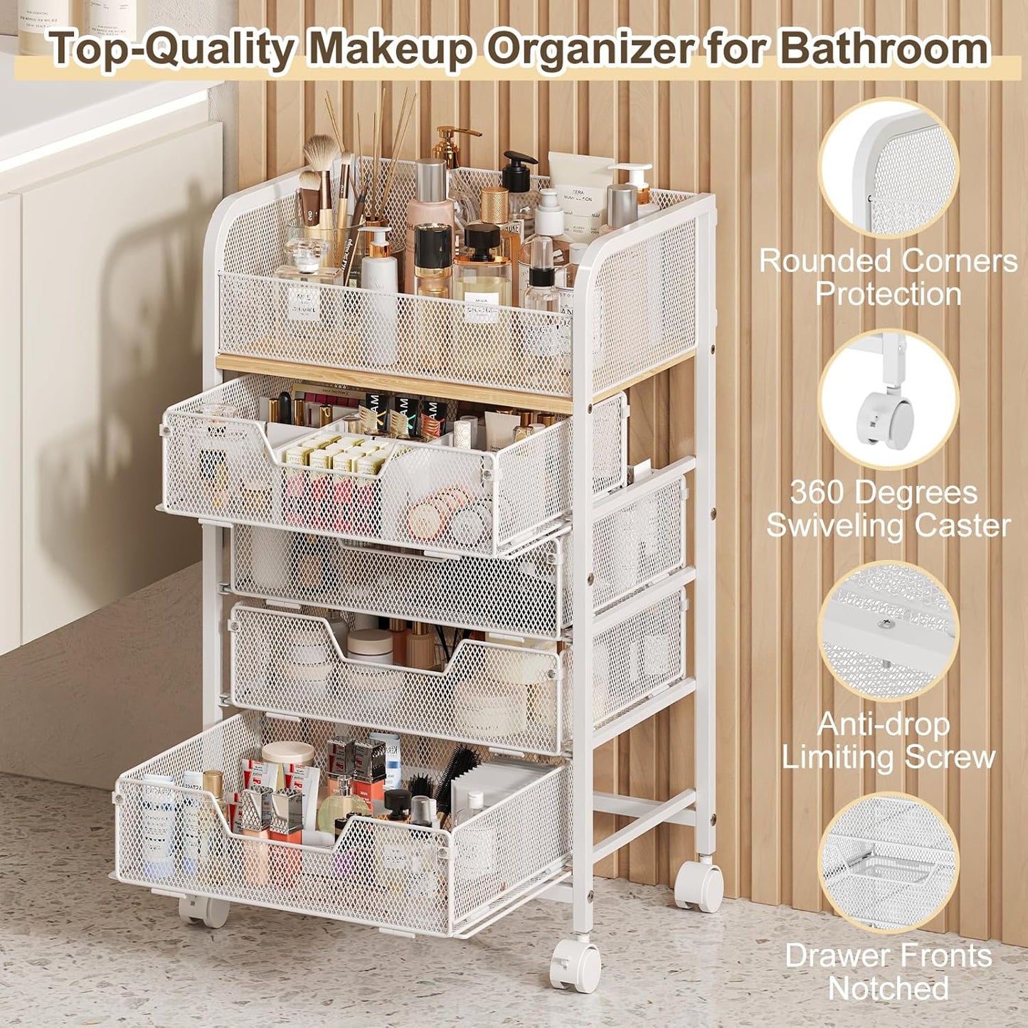 Makeup Cart Organizer with 4 Drawers, Large Floor Skincare Organizers, Vanity Storage