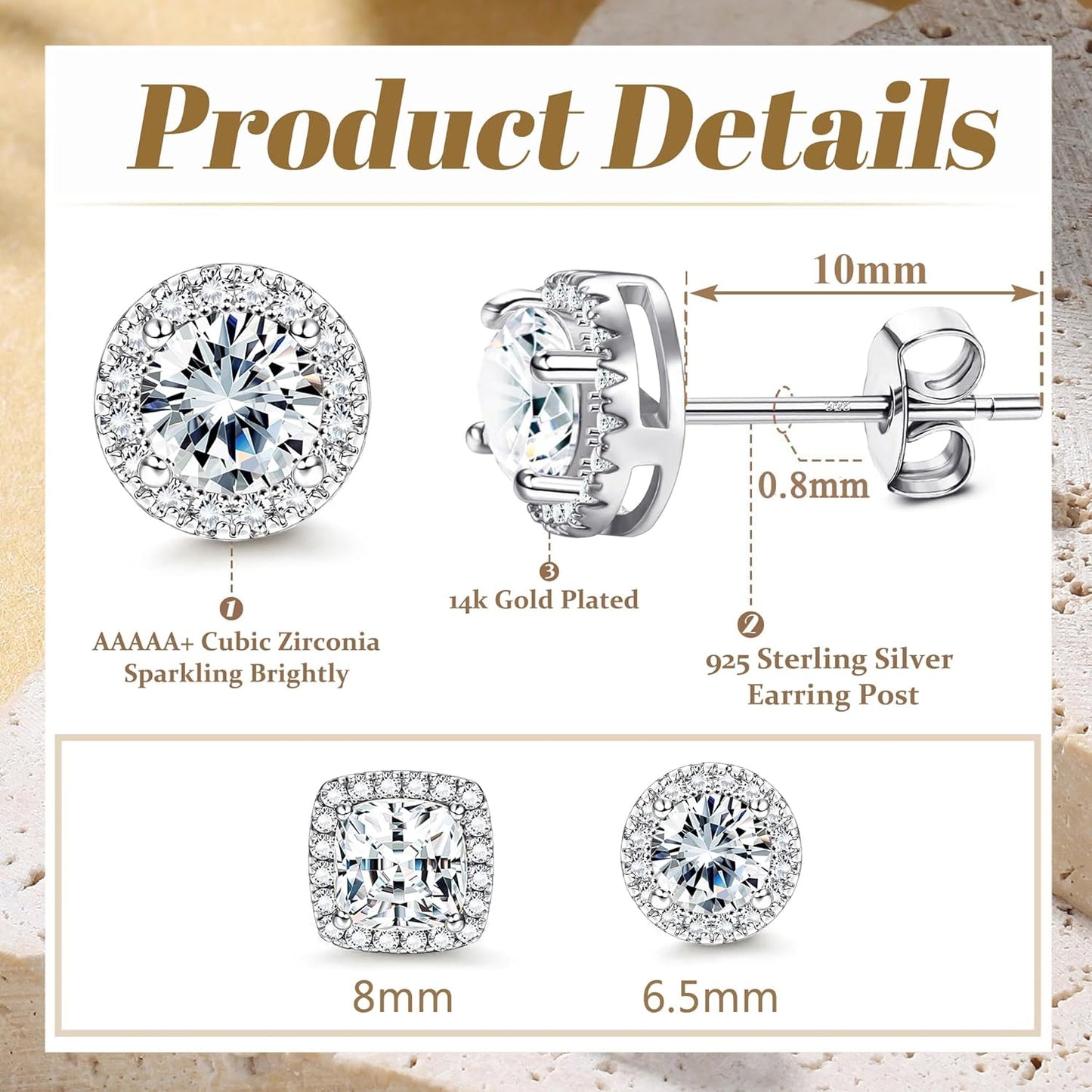 Hayoso 18K Gold Plated Halo Stud Earrings 925 Sterling Silver Cubic Zirconia Stud Earrings Round Square Diamonique Stud