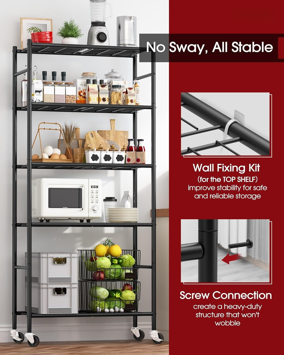 Storage Shelves Organizer - 5 Tier Metal Shelf Organizer with Metal Wheels and Adjustable Leveling Feet