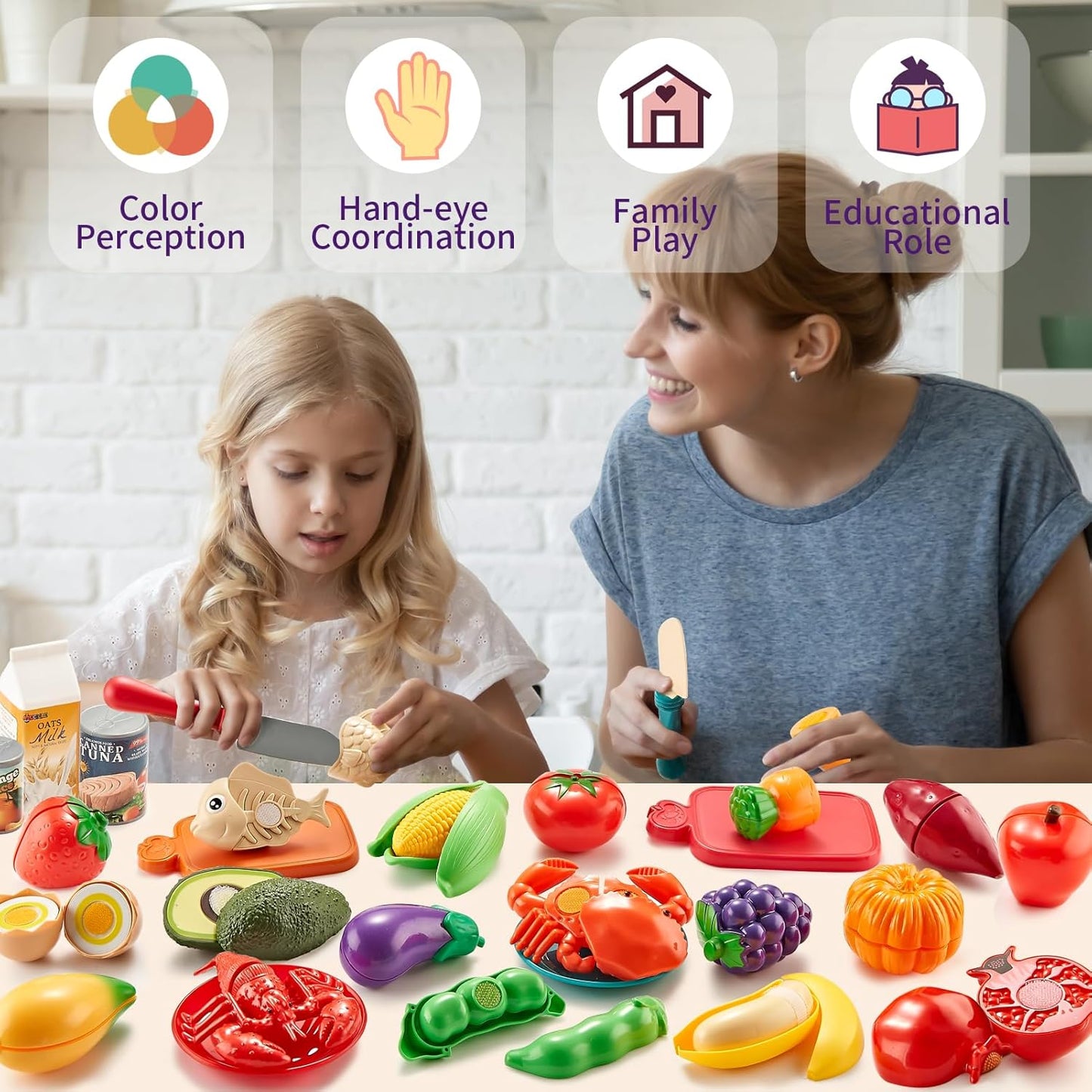 OMOMMD Pretend Play Food for Kids Kitchen, 78Pc Cutting Toy Food with Storage Bag