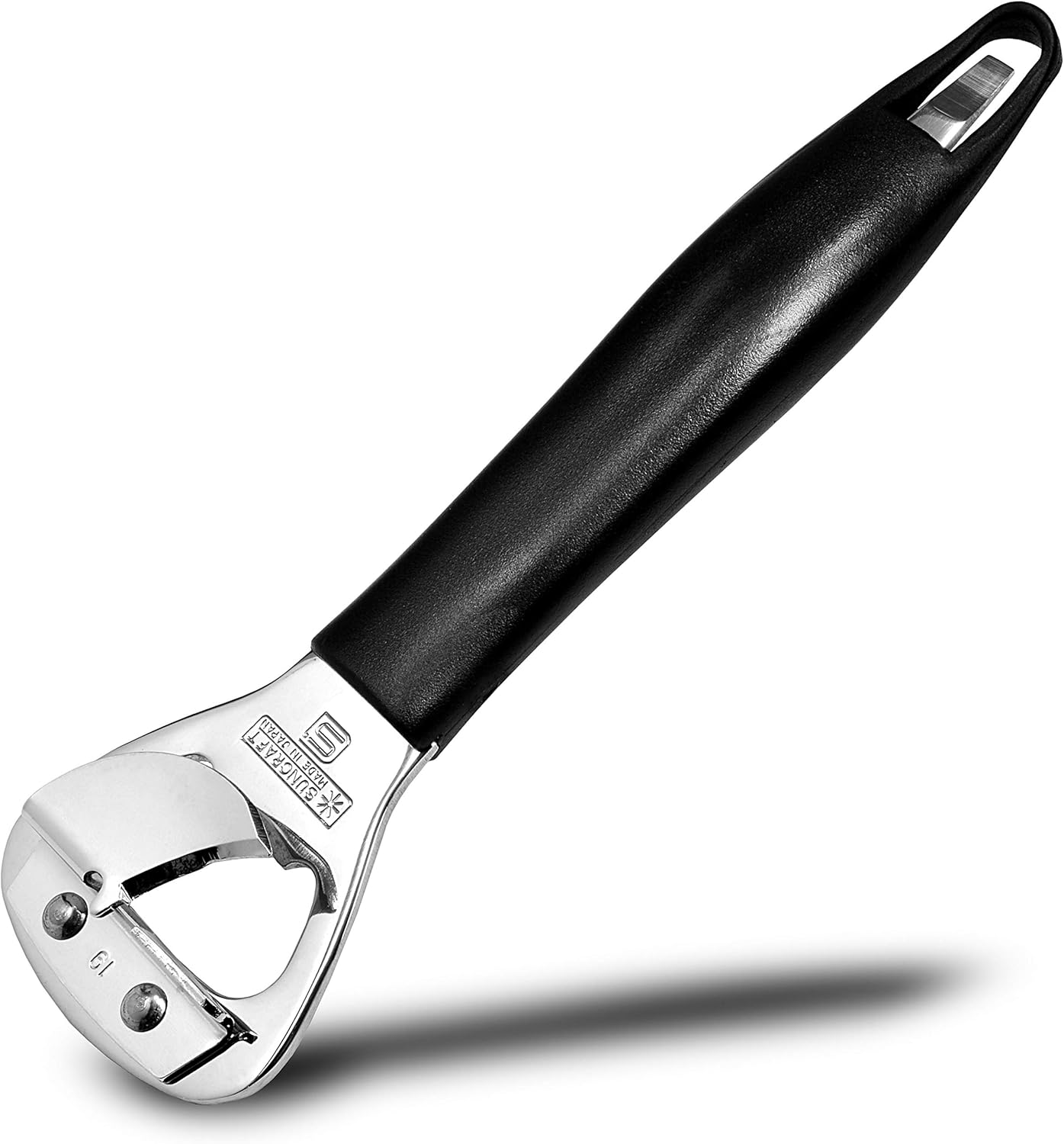 Heavy Duty Stainless Steel Bottle Opener, 5.9" Black Plastic Handle for Right-handed, Seki Japan