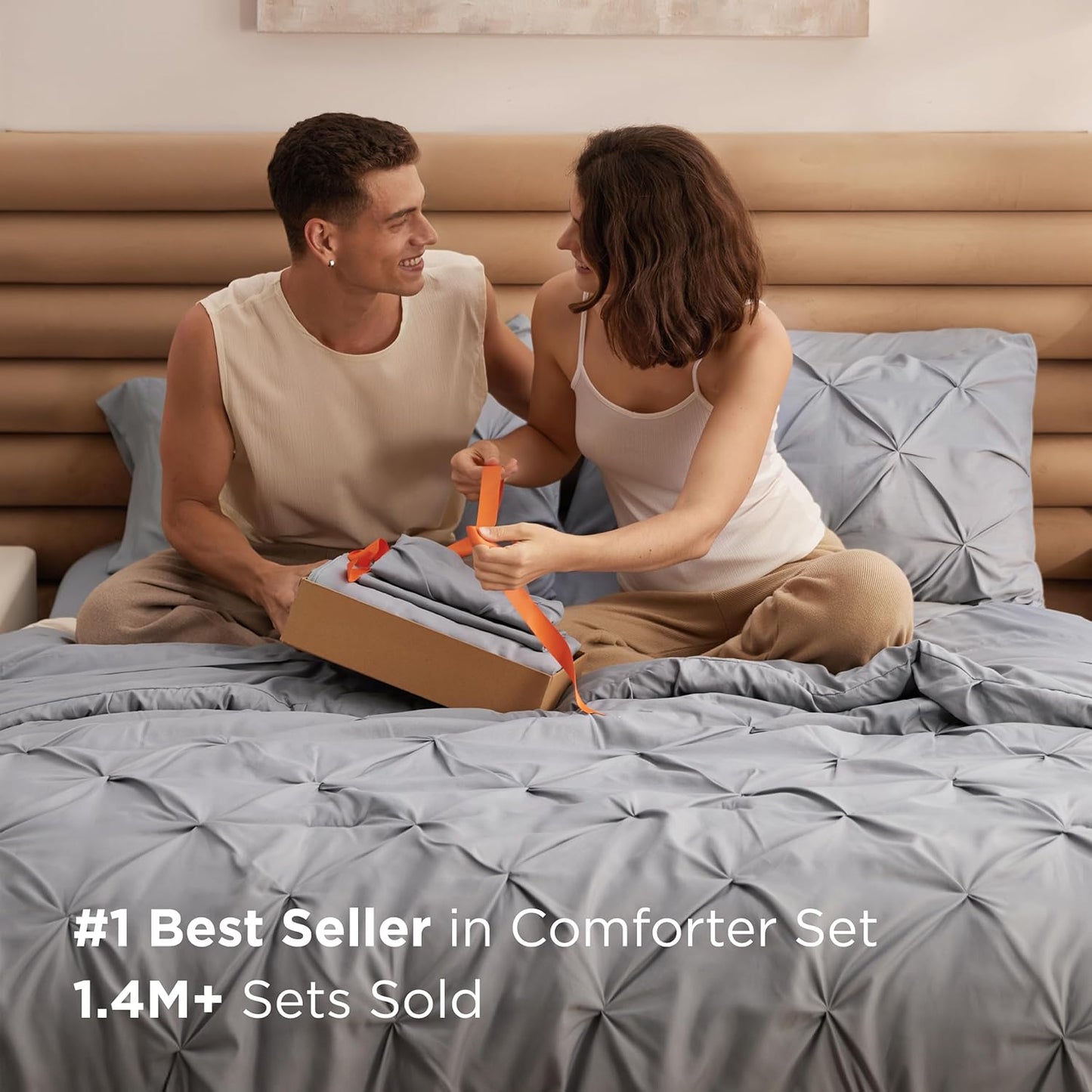 Queen Comforter Set Grey - Bed in a Bag Queen Size Bedding 7 Pieces, GentleSoft邃｢ Pintuck Bed Set Gift for Family, Pinch Pleat All Season Comforter with Sheets, Pillowcases & Shams