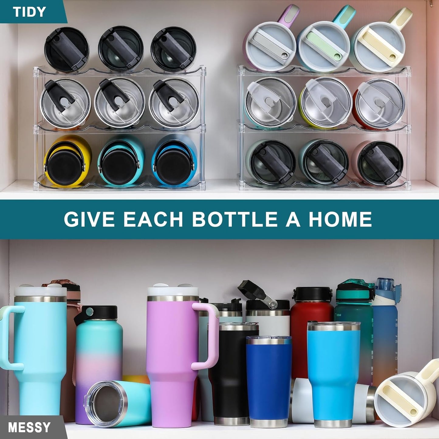 LARGER Compartment - Stackable Water Bottle Organizer Holder - 3 Tier Hold 9
