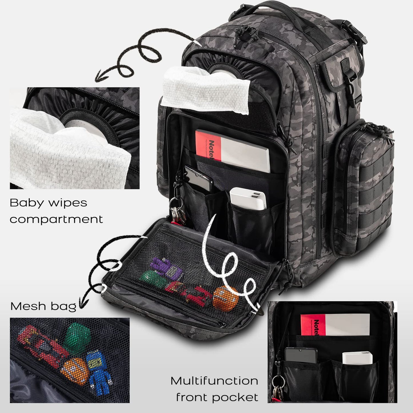 Mens Diaper Bag Backpack with Diaper Changing Mat, Waterproof Pouch, Baby Wipes pocket, Insulated Bottle Pockets