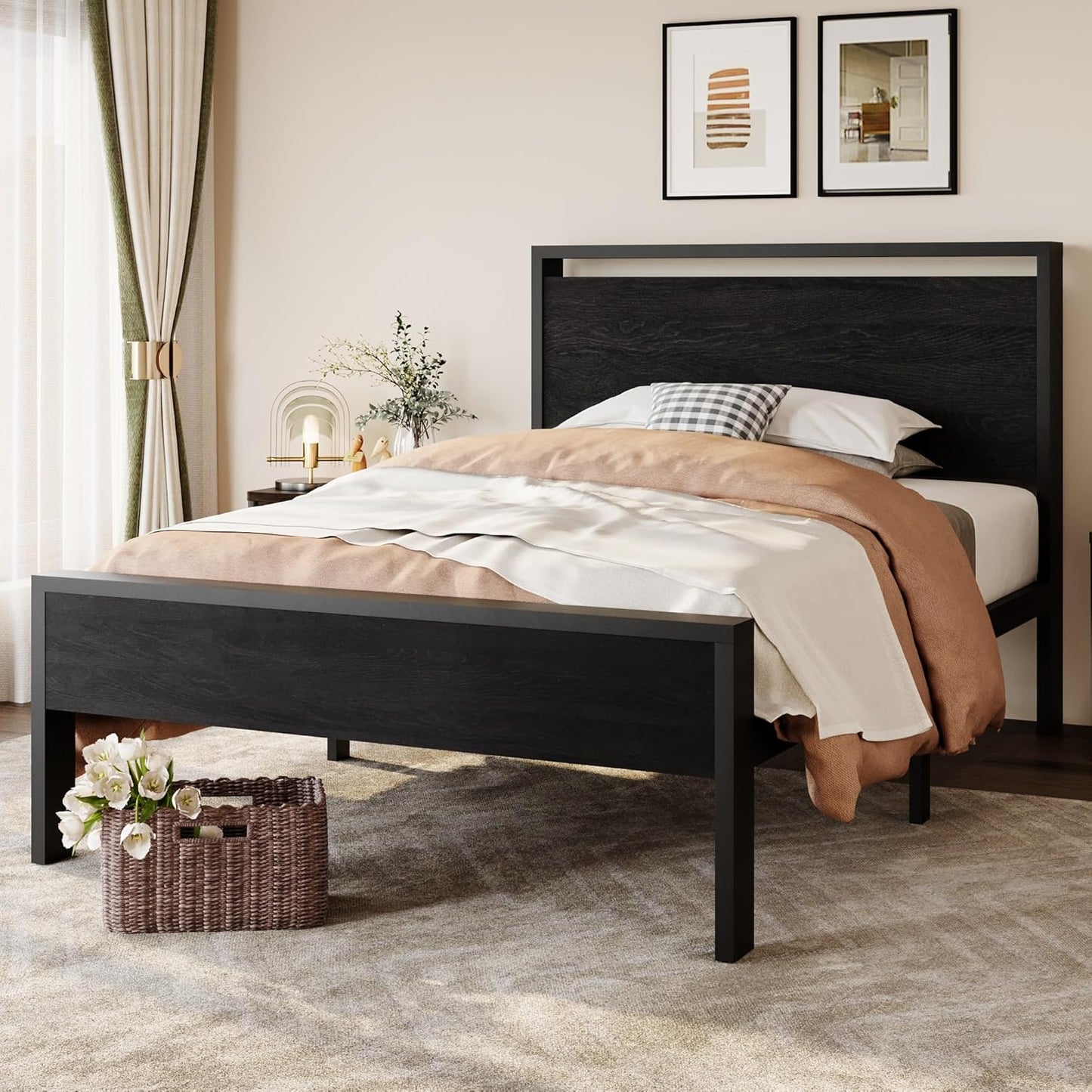 Twin Size Metal Platform Bed Frame with Wooden Headboard and Footboard, Mattress Foundation, No Box Spring Needed