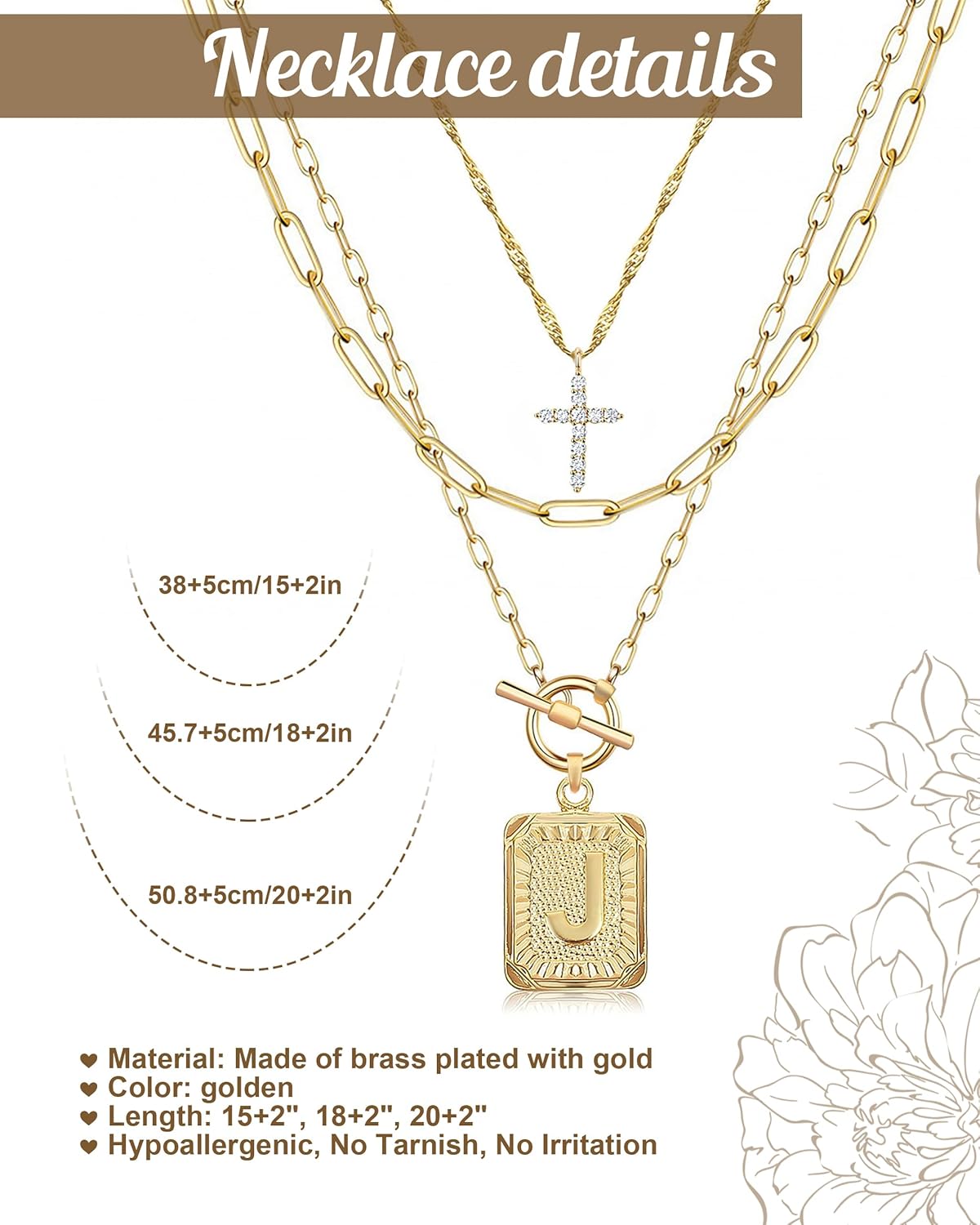 Layered Initial Necklace for Women, 14K Gold Plated Letter Pendant with Cross Charm, Paperclip Chain Choker Jewelry